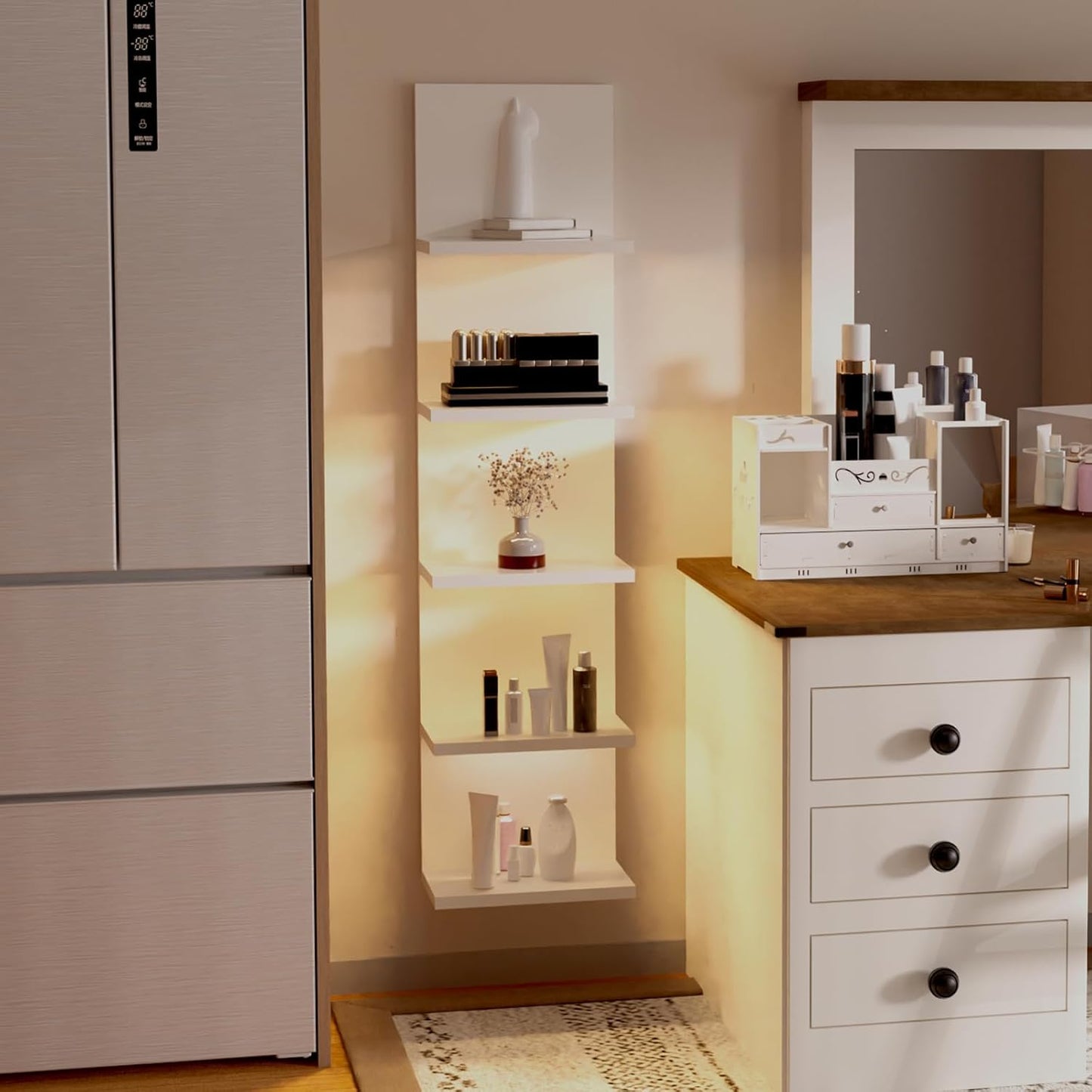 5 Tier Wall Shelf with Light, White Modern Vertical Lack Wall Shelves, Wall Mount, Floating Column Home Decor Shelves for Bedroom, Living Room, Vanity Storage Display