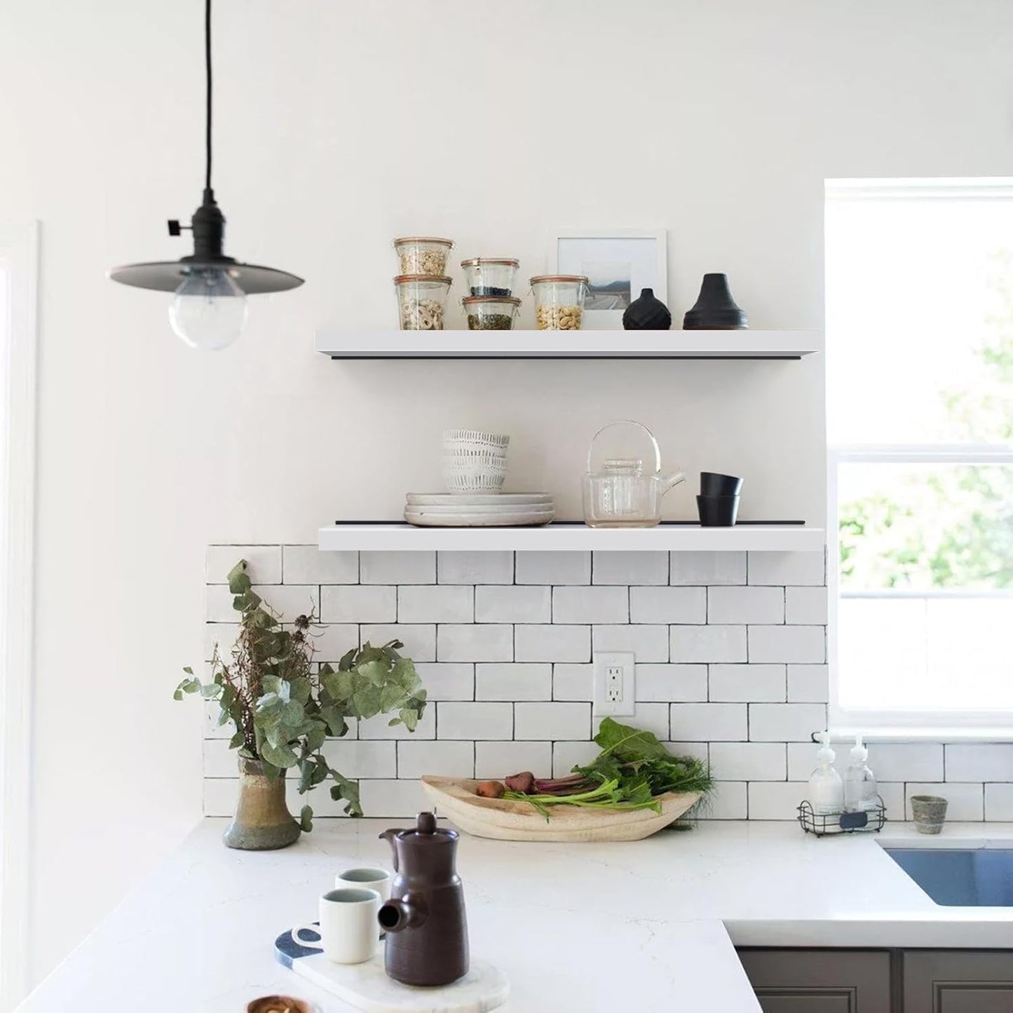 Meangood Floating Shelves White 17 inch Wall Mounted Natural Bamboo Wood Wall Storage Shelves for Bedroom,Living Room,Bathroom, Kitchen(Set of 2)