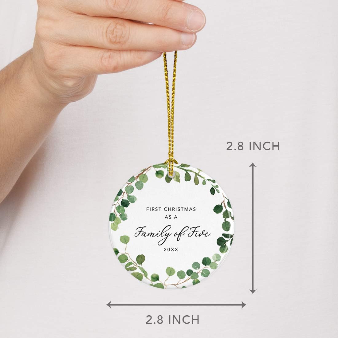 Andaz Press Custom Year Round Ceramic Porcelain Christmas Tree Ornament Keepsake Collectible Gift, First Christmas as a Family of Five 2025, Farmhouse Eucalyptus Wreath, 1-PackNew