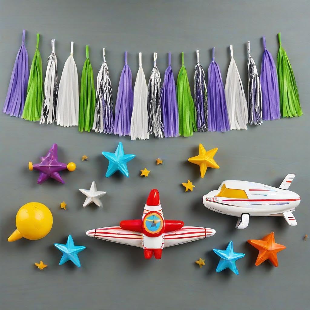 Tissue Paper Tassel Garland Banner, Purple Green Silver White, 20 PCS, Party Decorations for Birthday, Cartoon Themed Baby Shower,Sprot Game,Graduation