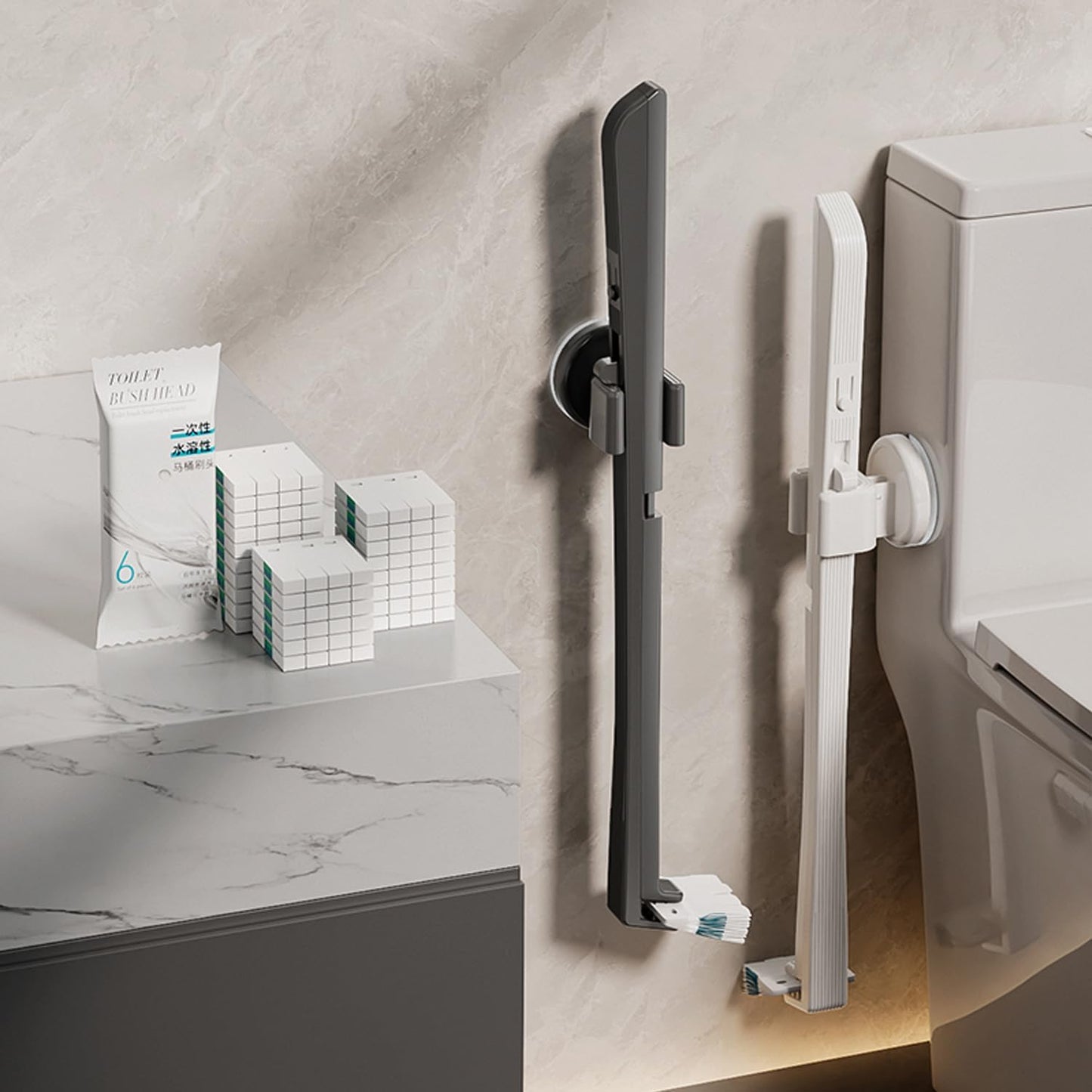 Disposable Toilet Brush with Replaceable Heads, Wall-Mounted Holder, Hygienic Bathroom Cleaning Tool (WhiteToilet Brush + 18 Refills)