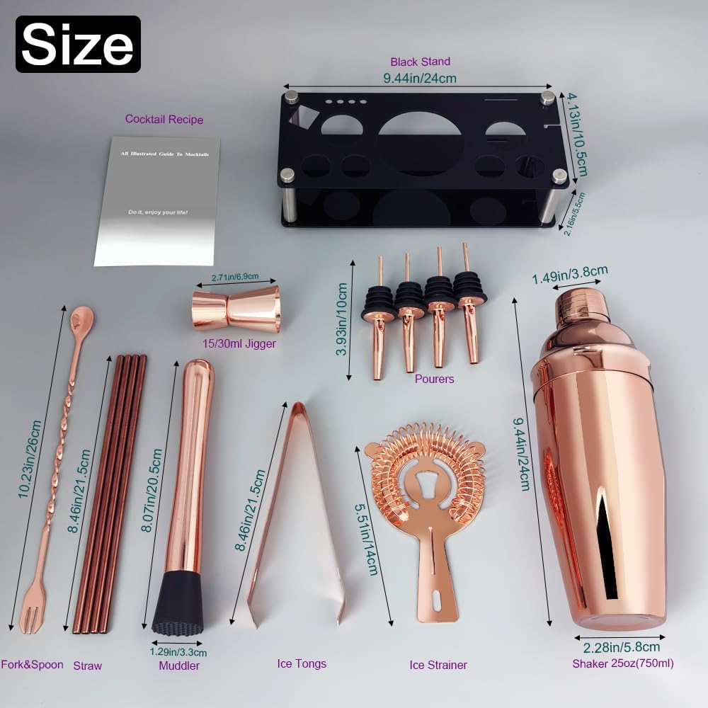 14-Piece Cocktail Shaker Set Bartender Kit with Black Stand, Bar Tool Set for Drink Mixing Bartending Kit Bar Sets Accessories: 750ml(25oz) Shaker, Jigger, Muddler, Cocktail Recipes (Rose Gold)