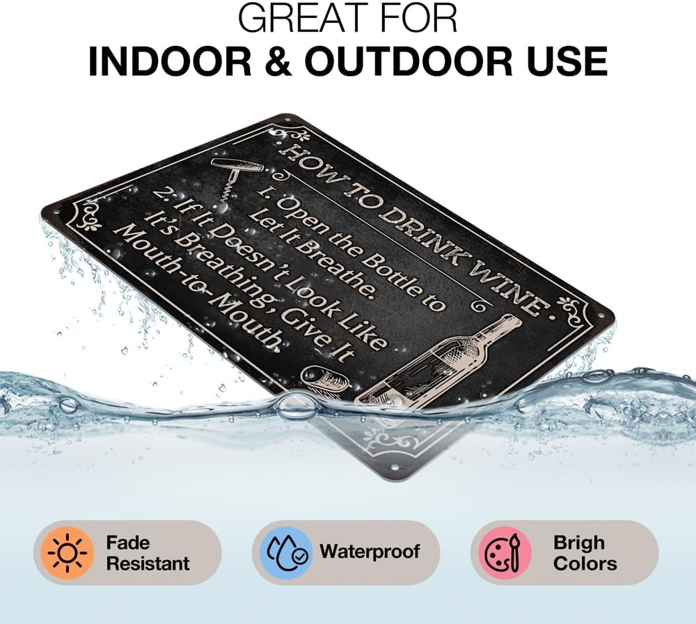 Heuhuww Funny Wine Bar Metal Sign-How To Drink Wine Wall Decor for Farmhouse Bar Station Wine Themed Gifts 8"x12"(H29)