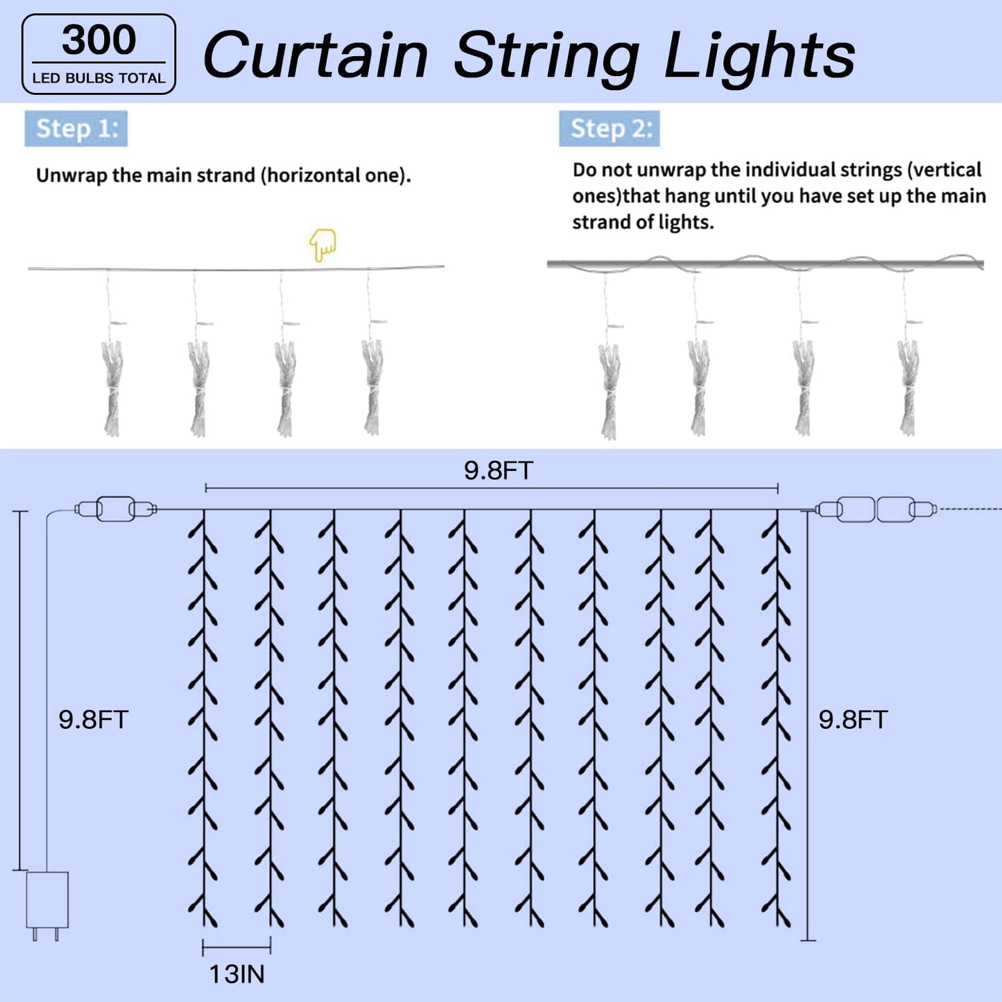 300 LED Curtain String Lights 9.8FT Plug in Fairy Lights with Timer and 8 Modes, Waterproof Window Wall Lights for Bedroom Wedding Party Indoor Outdoor Christmas Decor
