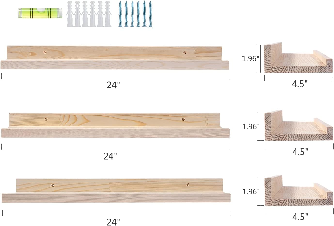 AZSKY Floating Picture Shelves 24 Inch a Set of 3 Wall Mount Long Narrow Photo Ledge Photo Frame Display Shelf Vintage Bookshelf for Nursery Mounting Hardware Included