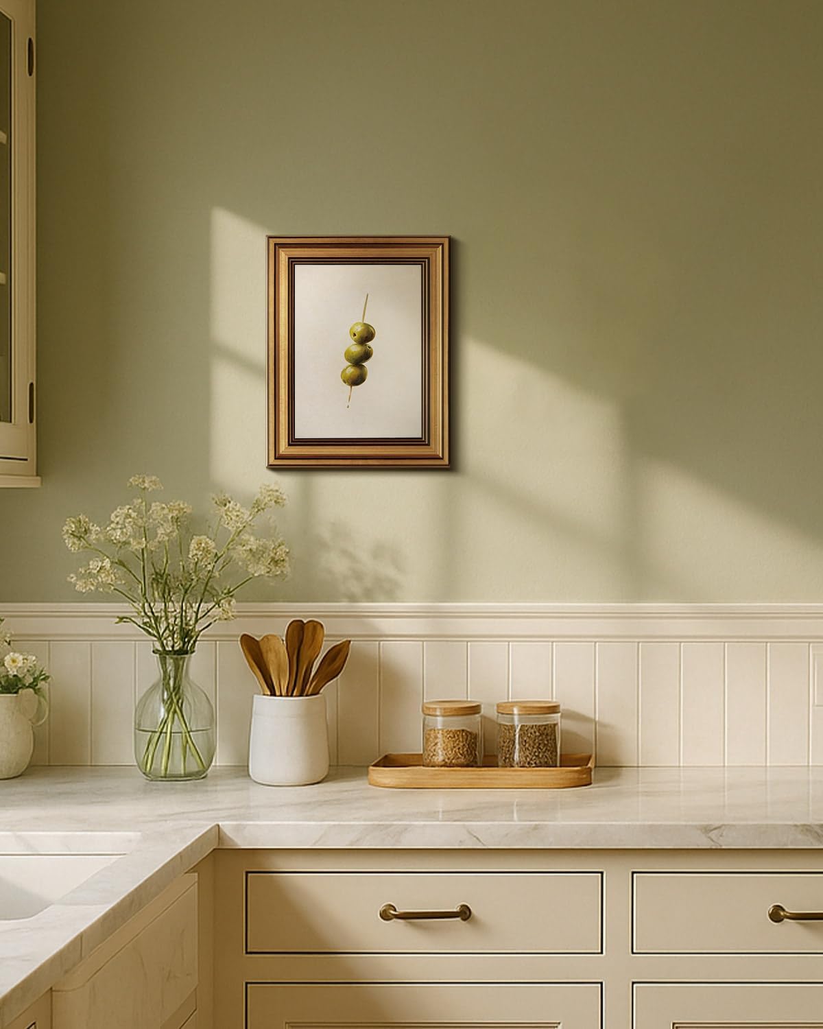 HUARCEY Gold Framed Wall Art for Living Room, Olive Skewers Painting Prints, Vintage Wall Decor for Kitchen, Minimalism Bedroom Wall Art for Home Office A string of olives 10L x 8W