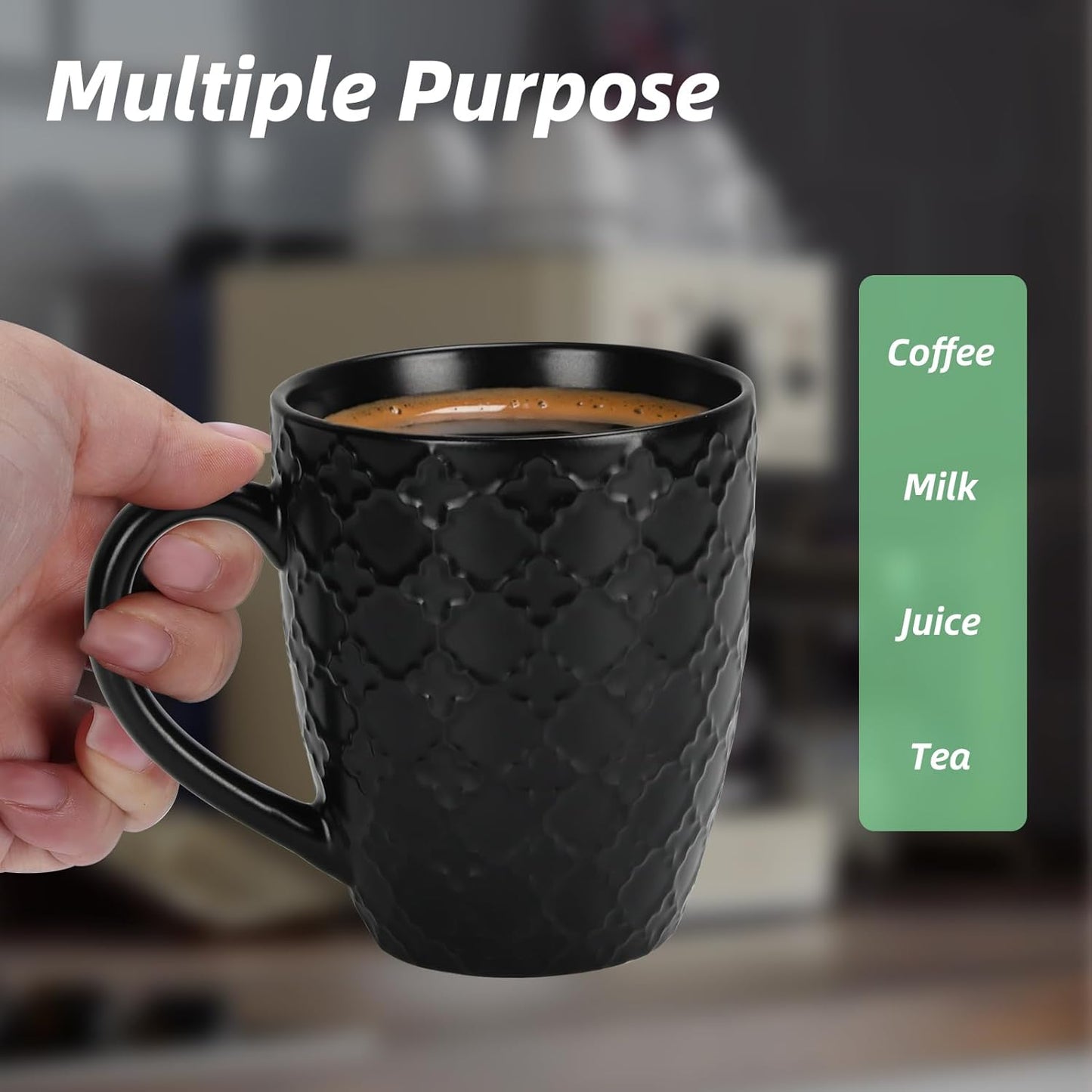 16 OZ Bone Coffee Mugs Set of 6 Matte Black, Large Ceramic Coffee Mugs Set with Different Texture Patterns, Porcelain Cups with Handle for Espresso Latte Tea Milk