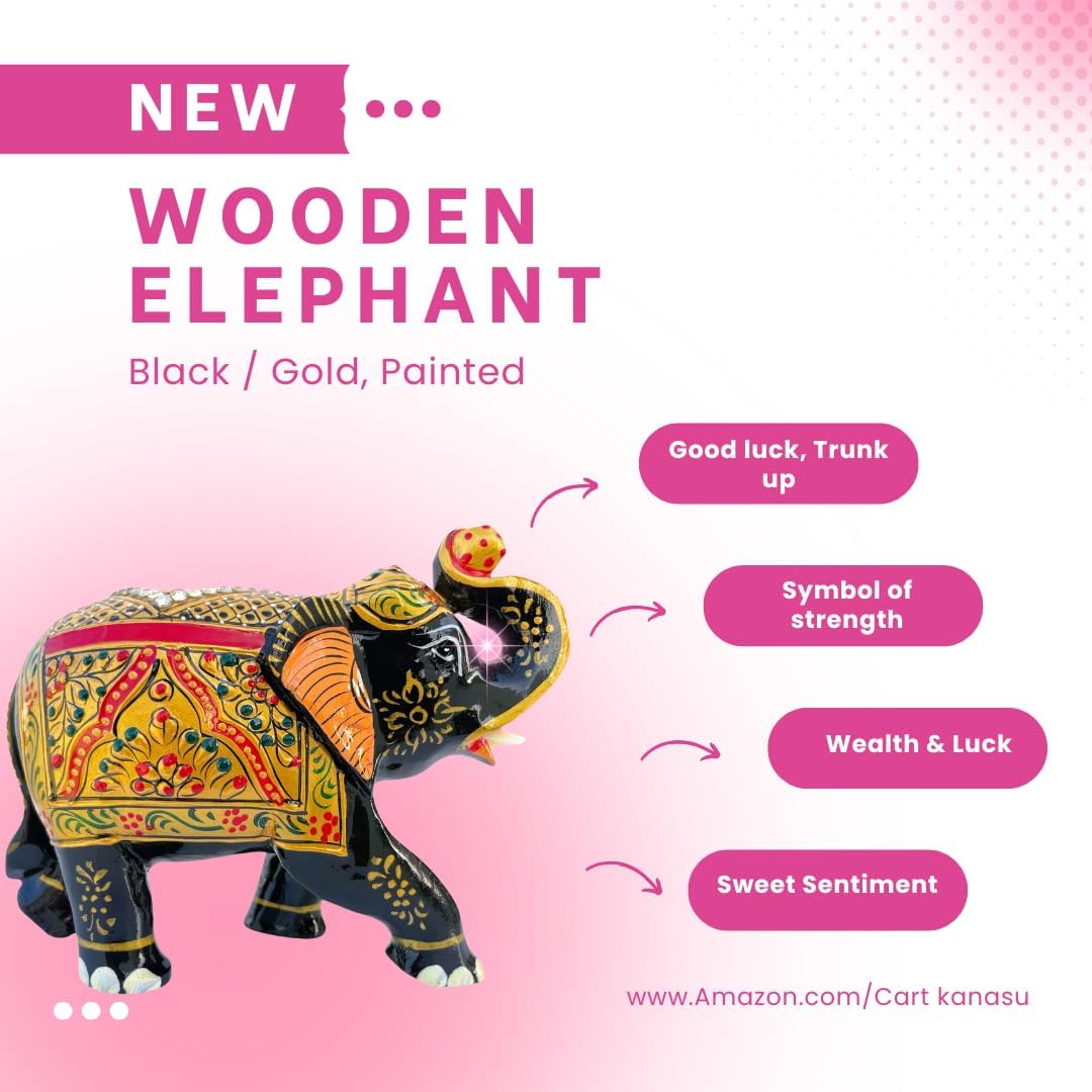 Handcrafted Wooden Elephant Figurine β Traditional Artwork, Gold & Gemstone Embellishments β Lucky Decorative Elephant Statue for Prosperity | Beautiful Elefantes Decorativos para Sala (Black & Gold)