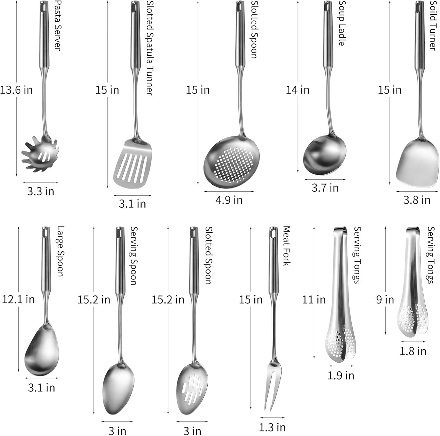 304 Stainlss Steel Kitchen Utensils Set, 11 Pcs Long Metal Cooking Utensil Gadgets Tools Set with Spatula, Ladle, Spoon, Ladle, Skimmer, Tunner, Pasta Server, Tongs(Silver, Dishwasher Safe)
