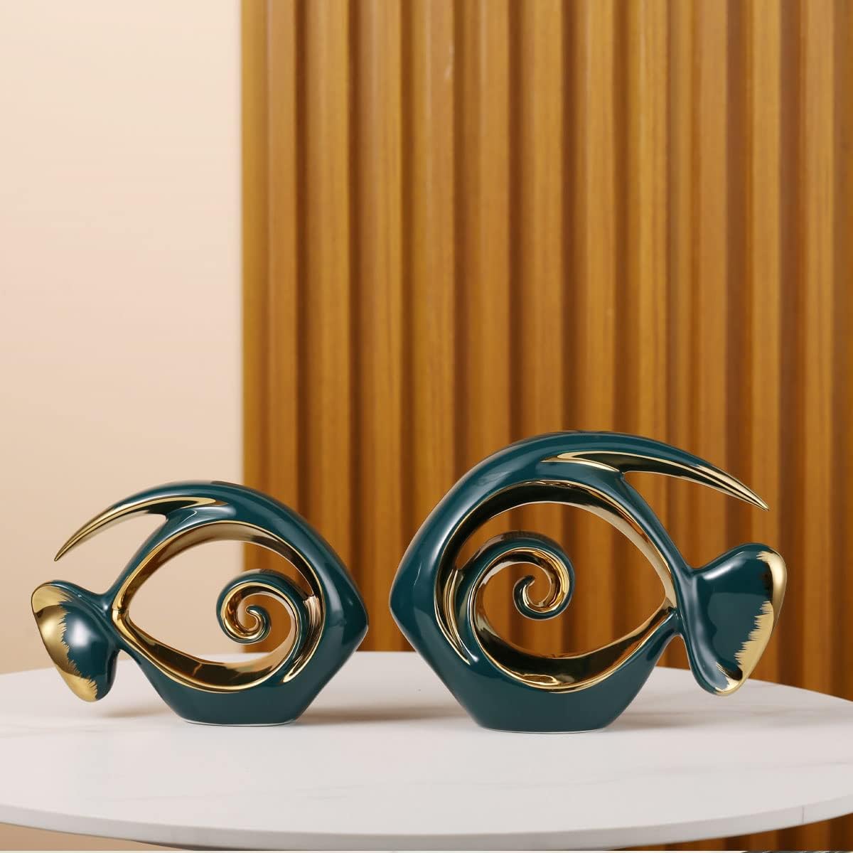 Green Gold Ceramic Fish Figurines - Coastal Home Decor, Modern Ocean Centerpieces for Living Room, Dining Area, Bathroom, Office, Coffee Table, Beach House, Nautical, Seaside, Entrance, Shelf Display