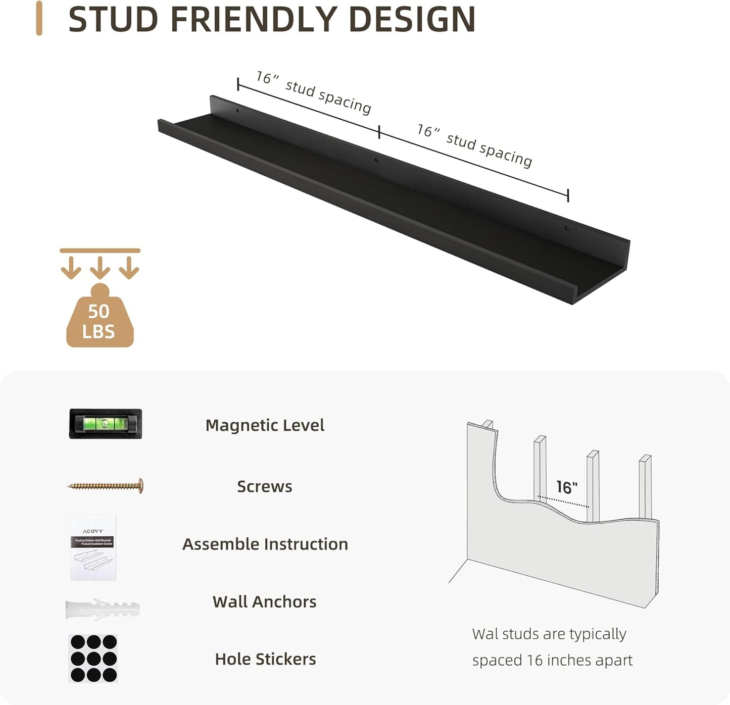 Picture Ledge Shelf, Wood Floating Shelves Set of 2, 36 inch Picture Ledge Shelves, Photo Ledge Nursery Book Shelves Wall Mounted for Living Room Kids' Room Bedroom, Color Black