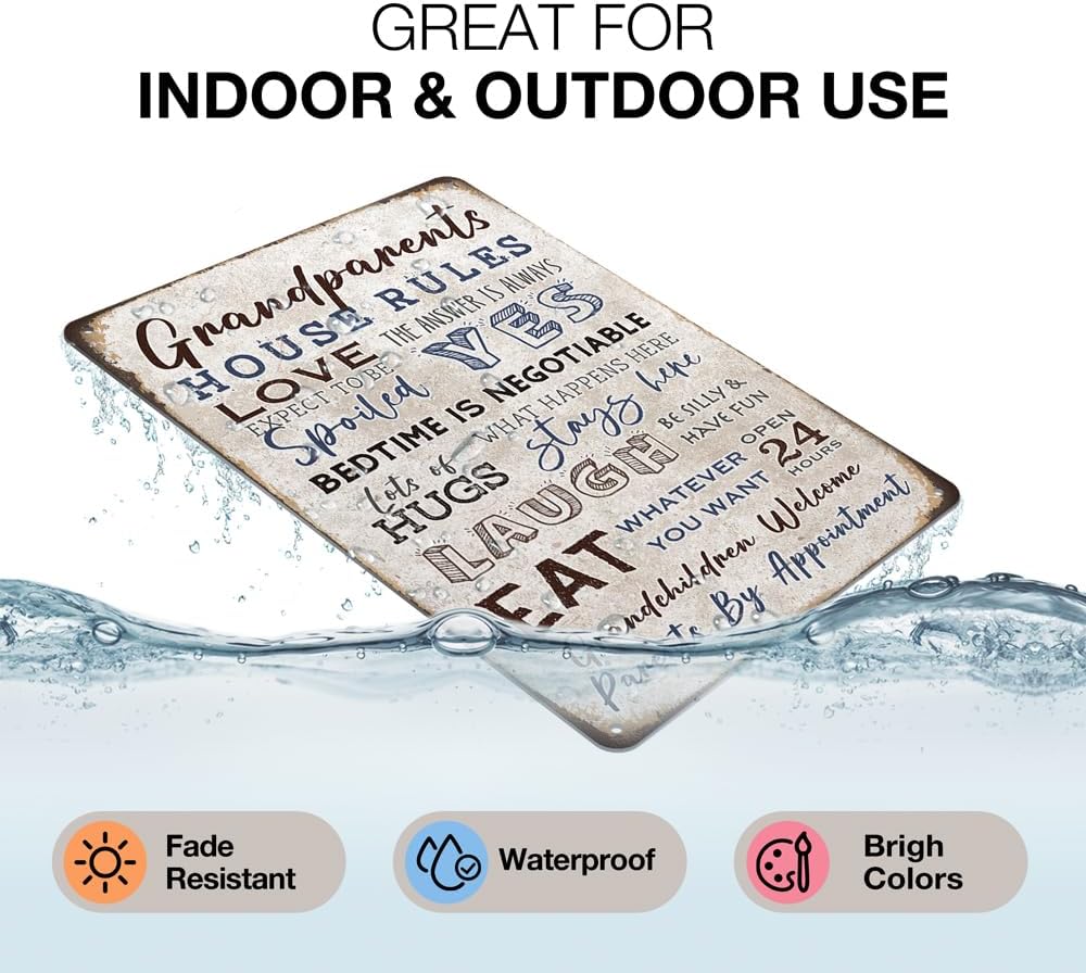 Heuhuww Grandparents Gifts-Vintage Grandparents House Rules Metal Sign for Grandma Grandpa from Grandkids Rustic Farm Home Kitchen Decor 12" x 8"(H19)