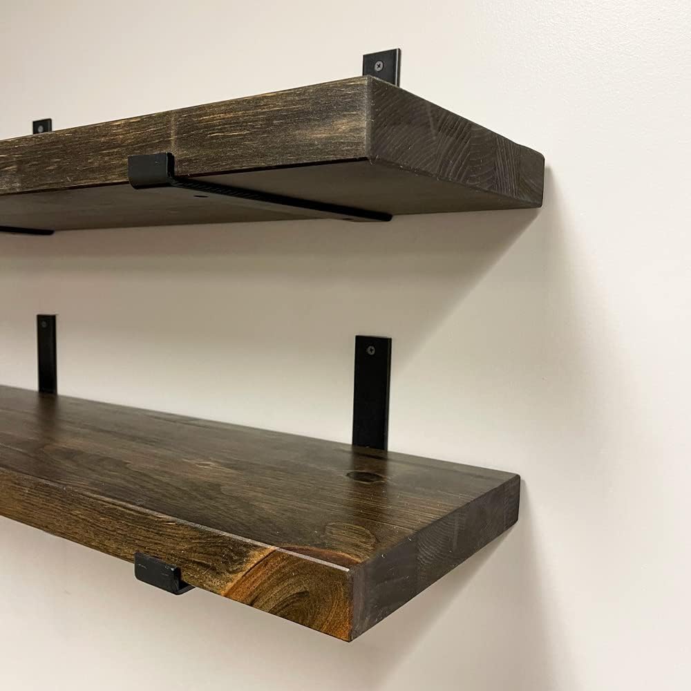 Rustic Shelves with J-Brackets Set of 2, Industrial Shelf, Kitchen Shelves, Solid Wood, Decorative Wall Storage, Heavy Duty, URBANDI (Dark Brown, 48Wx10D)