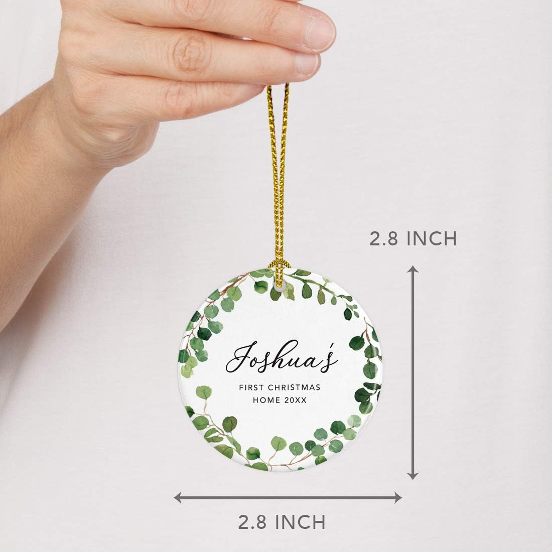 Andaz Press Personalized Round Ceramic Porcelain Christmas Tree Ornament Keepsake Collectible Adoption New Baby Gift, Joshua's First Christmas Home 2025, Farmhouse Eucalyptus Wreath, 1-Packs
