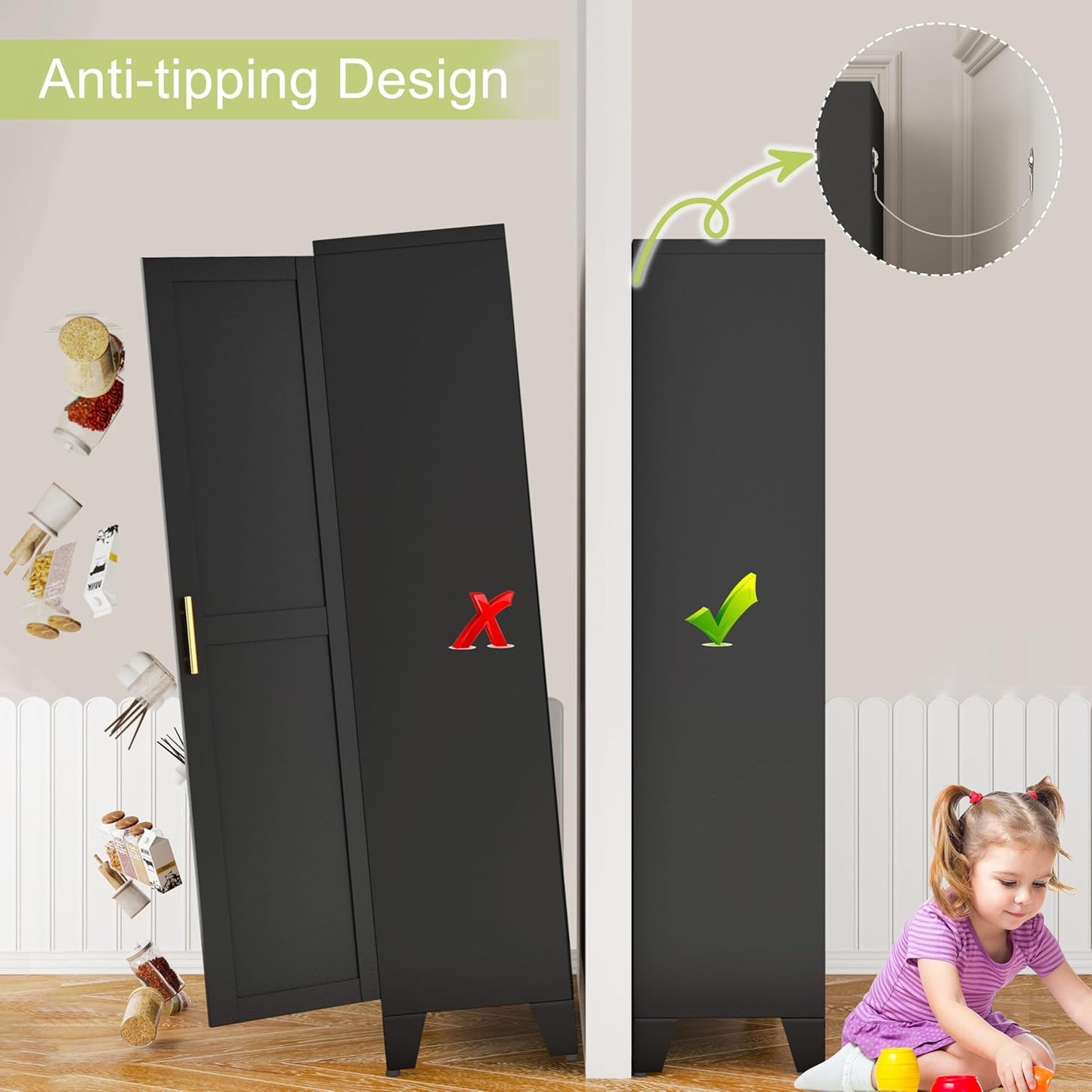 Metal Storage Cabinet With 2 Doors and 3 Adjustable Shelves, Black Kitchen Pantry for Food, Utility Cabinet for Laundry Room, Cupboard