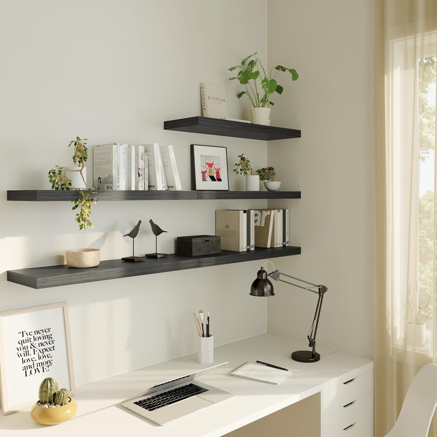 Large Floating Shelves for Wall Set of 1 Wooden Wall Shelves 24 in x 12.75 in x 2 in Room Decor Long Shelf with Invisible Wall Mount Bracket for Bedroom Kitchen Living Room Black Wood