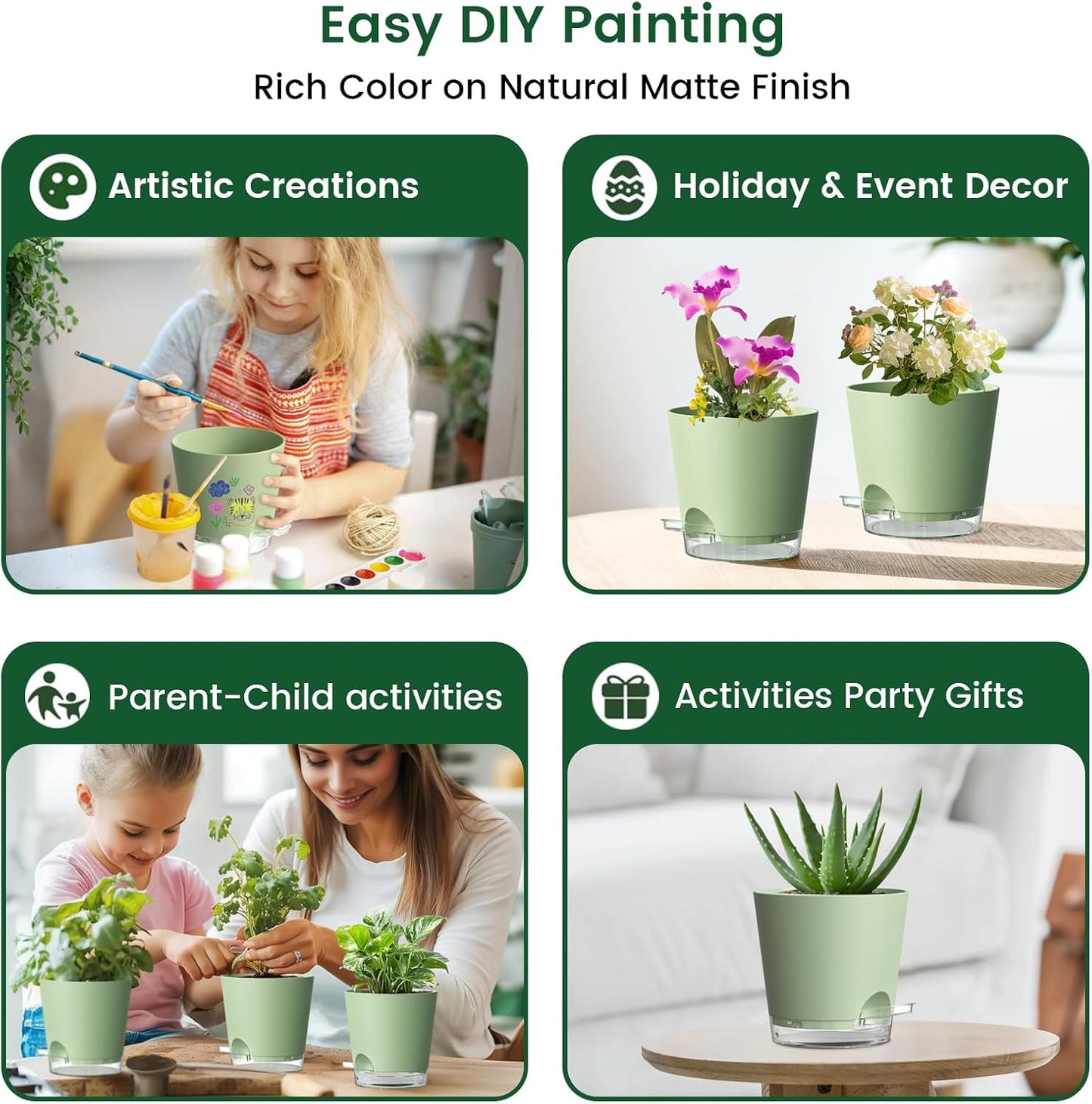 6 inch Self Watering Pots for Indoor Outdoor Plants, 6 Pack Flower Plant Pots with Drainage Holes and Clear Reservoirs, Visible Water Level, Plastic Planters with Wicking Rope, Green