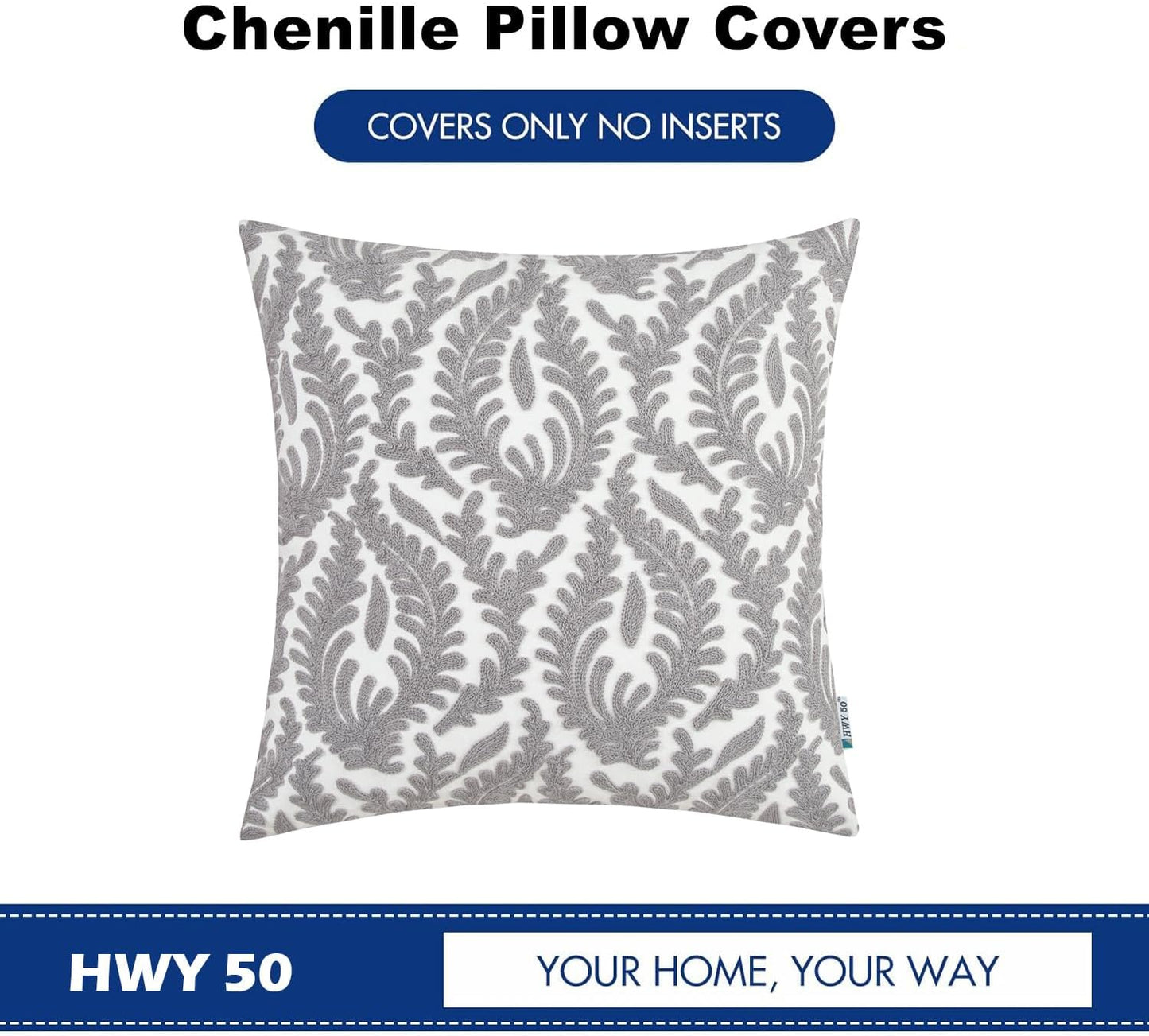 HWY 50 Grey Gray Decorative Throw Pillow Covers 18x18 Inch (1 Piece), Embroidered Cotton Farmhouse Cushion Cover Pillow Case for Sofa Couch Living Room Bed Bedroon, Floral Branches