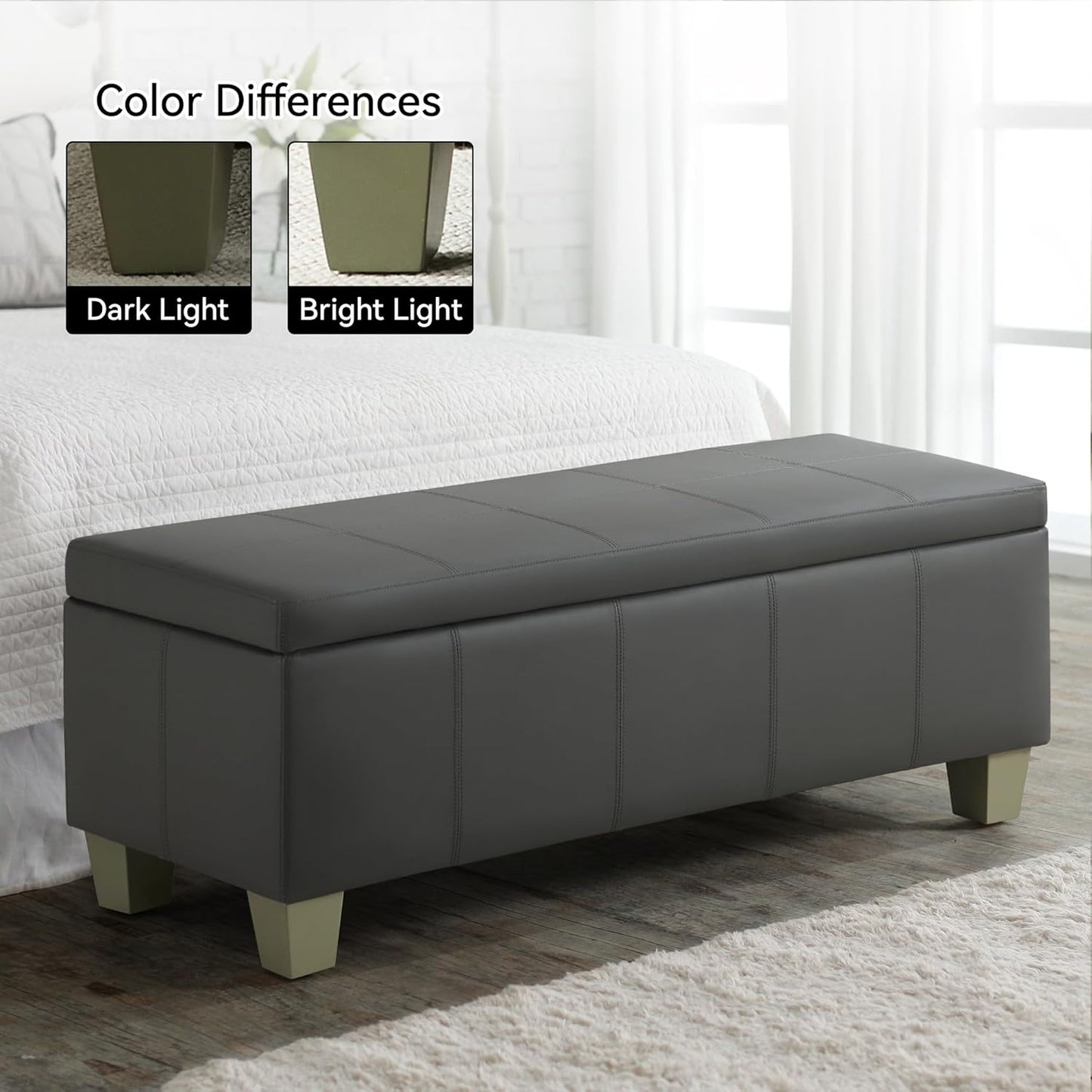 51" Faux Leather Storage Ottoman, Stitch Tufted Rectangle Upholstered End of Bed Storage Bench, Entryway Large Couch Ottoman with Wooden Legs,Dark Grey
