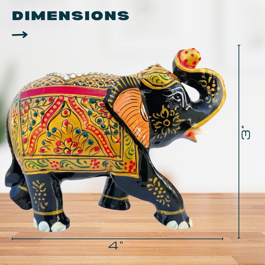 Handcrafted Wooden Elephant Figurine β Traditional Artwork, Gold & Gemstone Embellishments β Lucky Decorative Elephant Statue for Prosperity | Beautiful Elefantes Decorativos para Sala (Black & Gold)