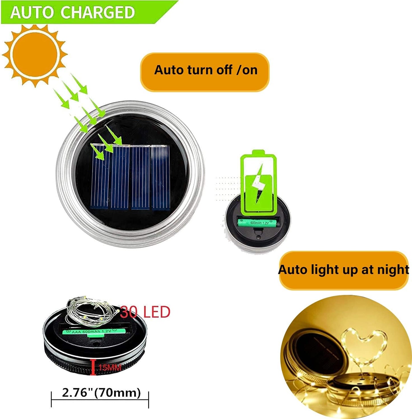 12 Pack Solar Mason Jar Lid Lights - 30 LED Firefly Fairy String Lights, Waterproof Outdoor Solar Lights with Hangers for Regular Mouth Jars (No Jars Included)