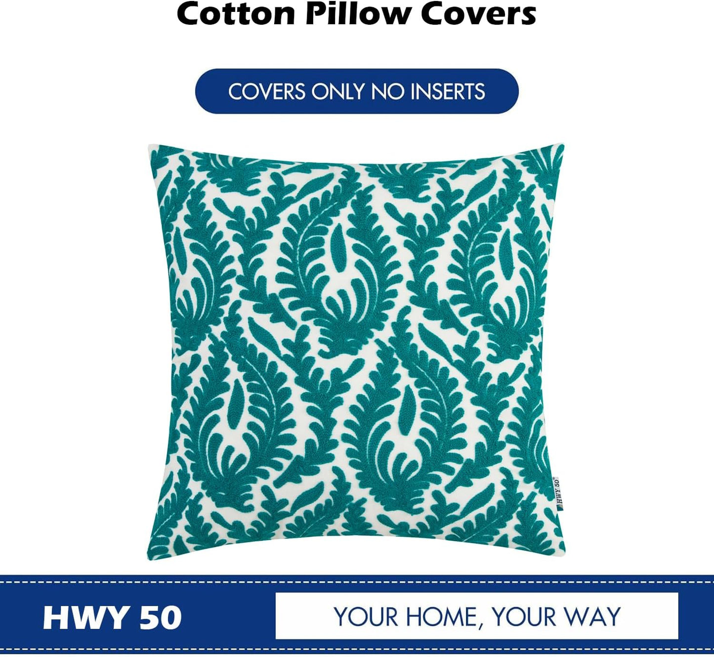 HWY 50 Teal Decorative Throw Pillow Covers 18x18 Inch (1 Piece), Embroidered Cotton Farmhouse Cushion Cover Pillow Case for Sofa Couch Living Room Bed Bedroon, Floral Branches
