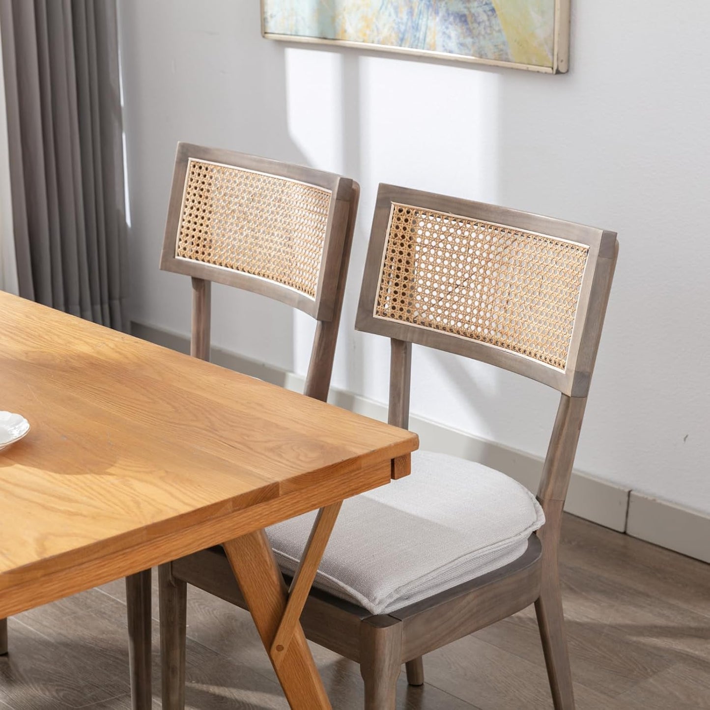 Rattan Dining Chairs Set Of 2 , Mid Century Modern Upholstered Cane Back Chairs with Removable Linen Cushion , Retro Farmhouse Natural Wooden Kitchen & Dining Room Chairs for Restaurant Living Room