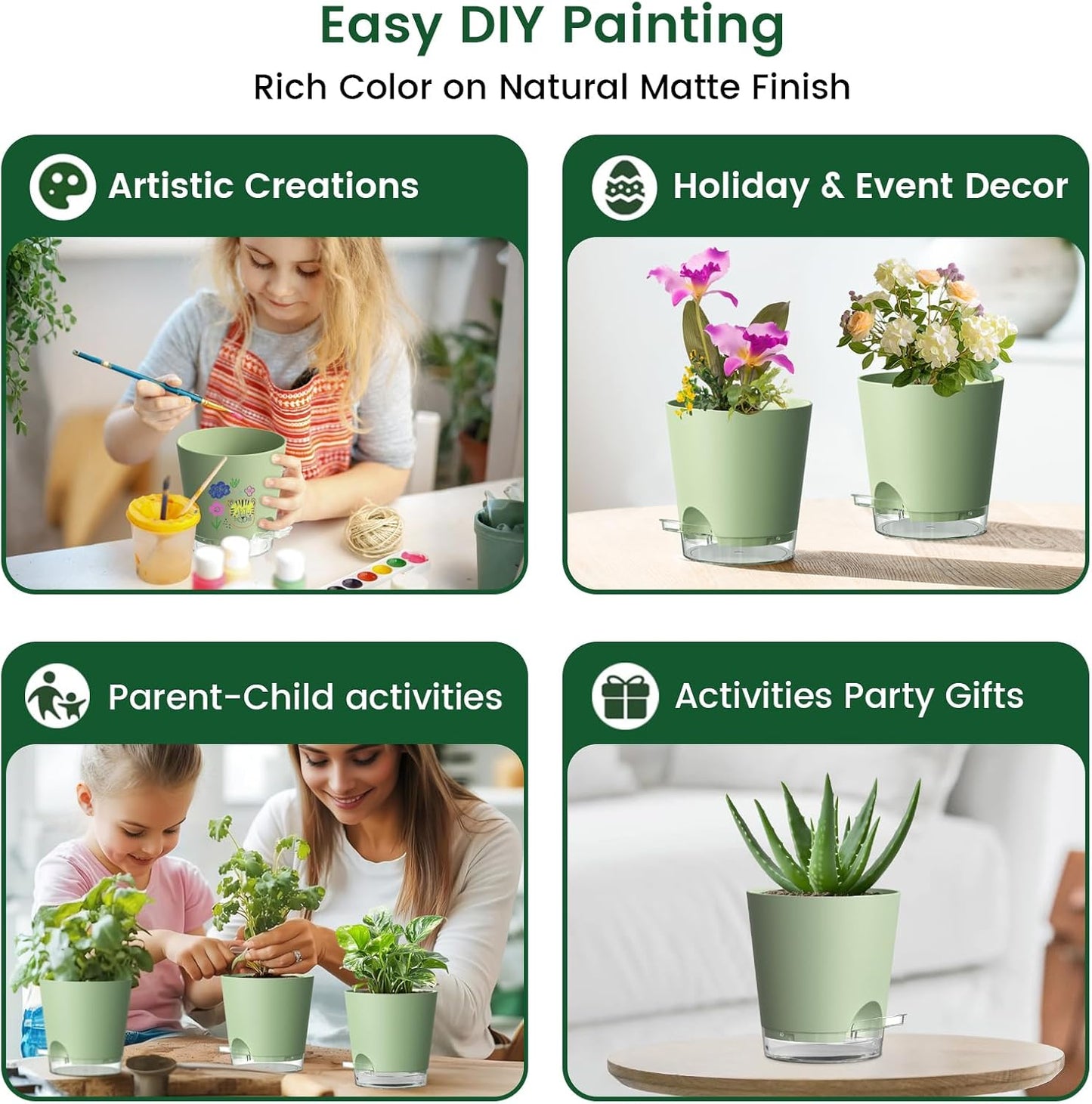 4 inch Self Watering Pots for Indoor Plants, 5 Pack Small Flower Plant Pots with Drainage Holes and Clear Reservoirs, Visible Water Level, Plastic Planters with Wicking Rope, Green