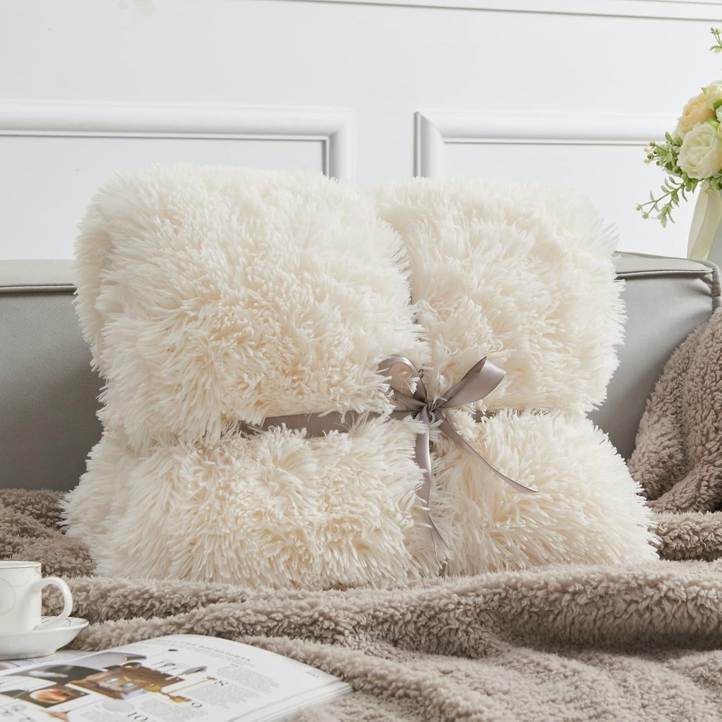 GONAAP Fuzzy Faux Fur Throw Blanket Ivory Super Soft Cozy Plush Fuzzy Shaggy Blanket for Couch Sofa Bed (Ivory, Throw(40"x50"))