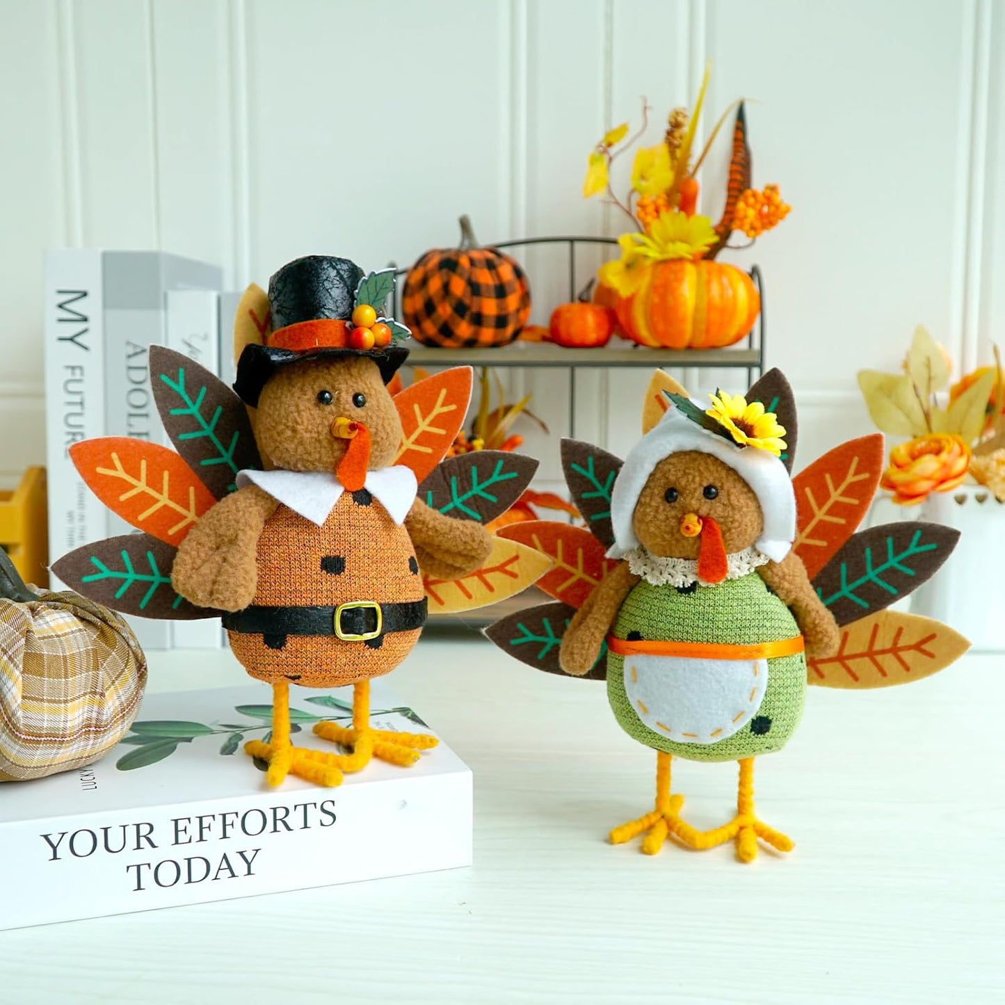 CRCZK Thanksgiving Turkey Decoration Fall Harvest Tabletop Decor Standing turkey with Dangling Legs, 2 Pack Plush Stuffed Turkeys Shelf Figurine Gift for Autumn Fall Harvest Halloween Home Decorations