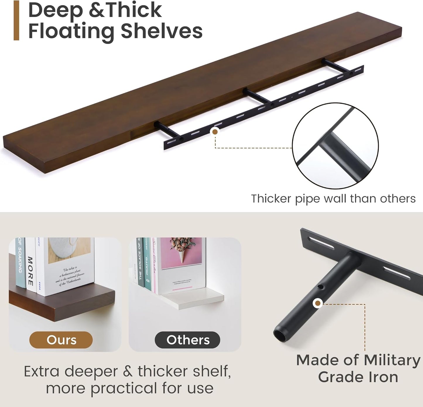 Floating Shelves 55 Inches Long - 8 Inch Deep Rustic Solid Pine Wood for Storage - Farmhouse Wall Mounted for Living Room - Heavy-Duty Metal Bracket - 55" W x 8" D - American Walnut Color