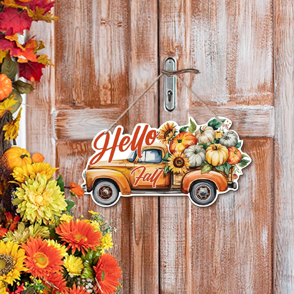 Hello Fall Wood Hanging Truck Decoration, Autumn Wooden Signs, Rustic Thanksgiving Decoration, Home Interior And Exterior Decor, Autumn Harvest Thanksgiving Home Decor