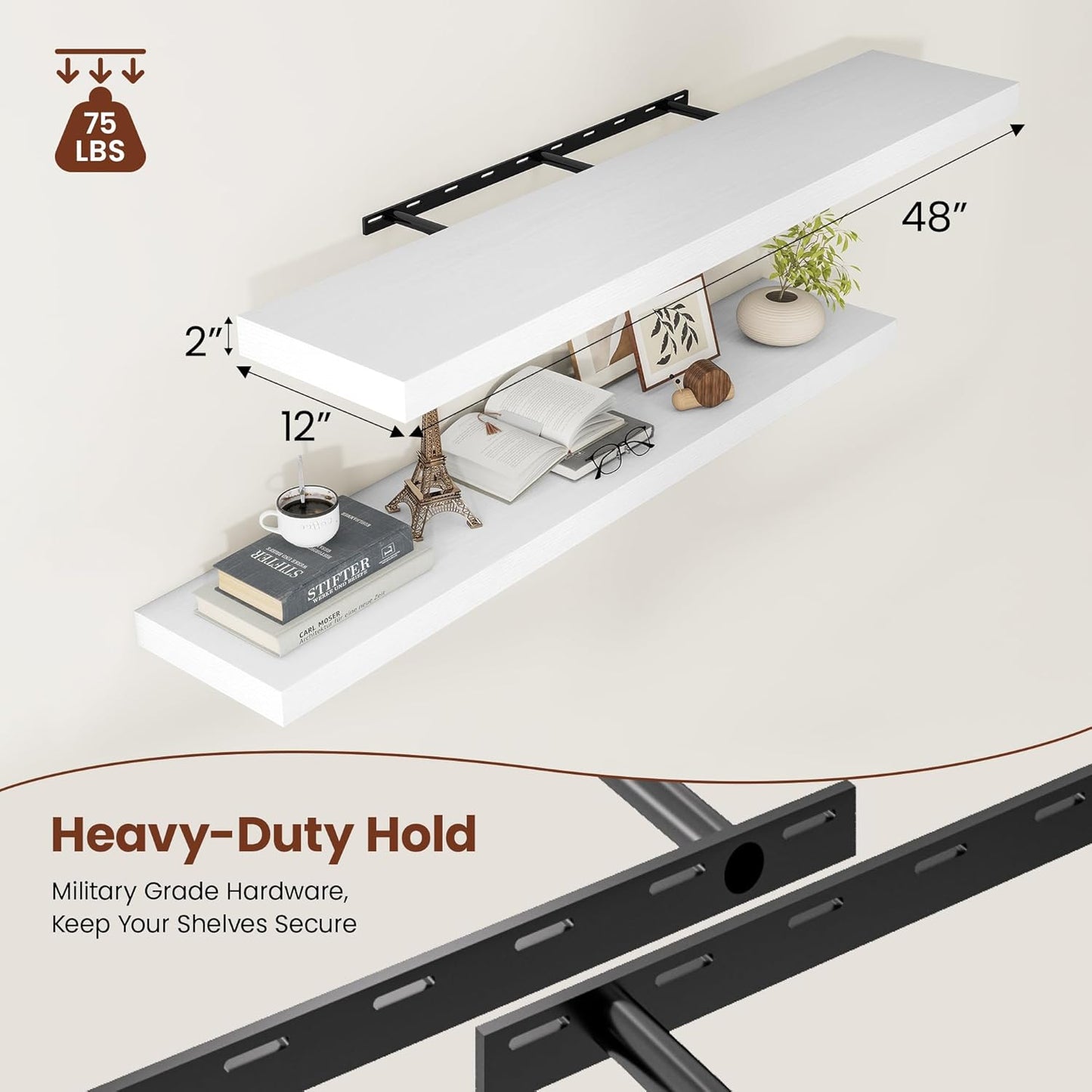 White Floating Shelves for Wall, 48 Inch X 12 Deep Shelves for Room Wall Mounted,2" Thick Heavy Duty Holds 75lbs Floating Shelf for Bedroom Bathroom Kitchen Laundry Room, Set of 2