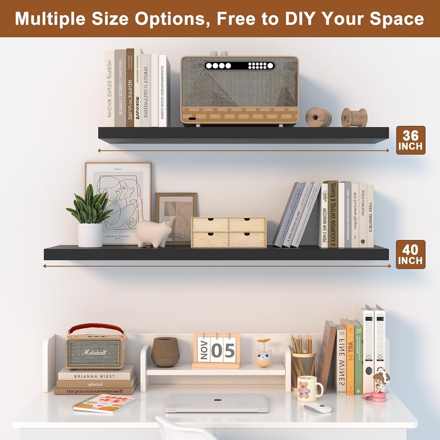 12 Inch Deep Floating Shelves for Wall 2 Pack Floating Shelves Large Storage Space Wall Mount Shelf for Living Room Kitchen Bathroom 36" W x 12" D x 1.2" H Black