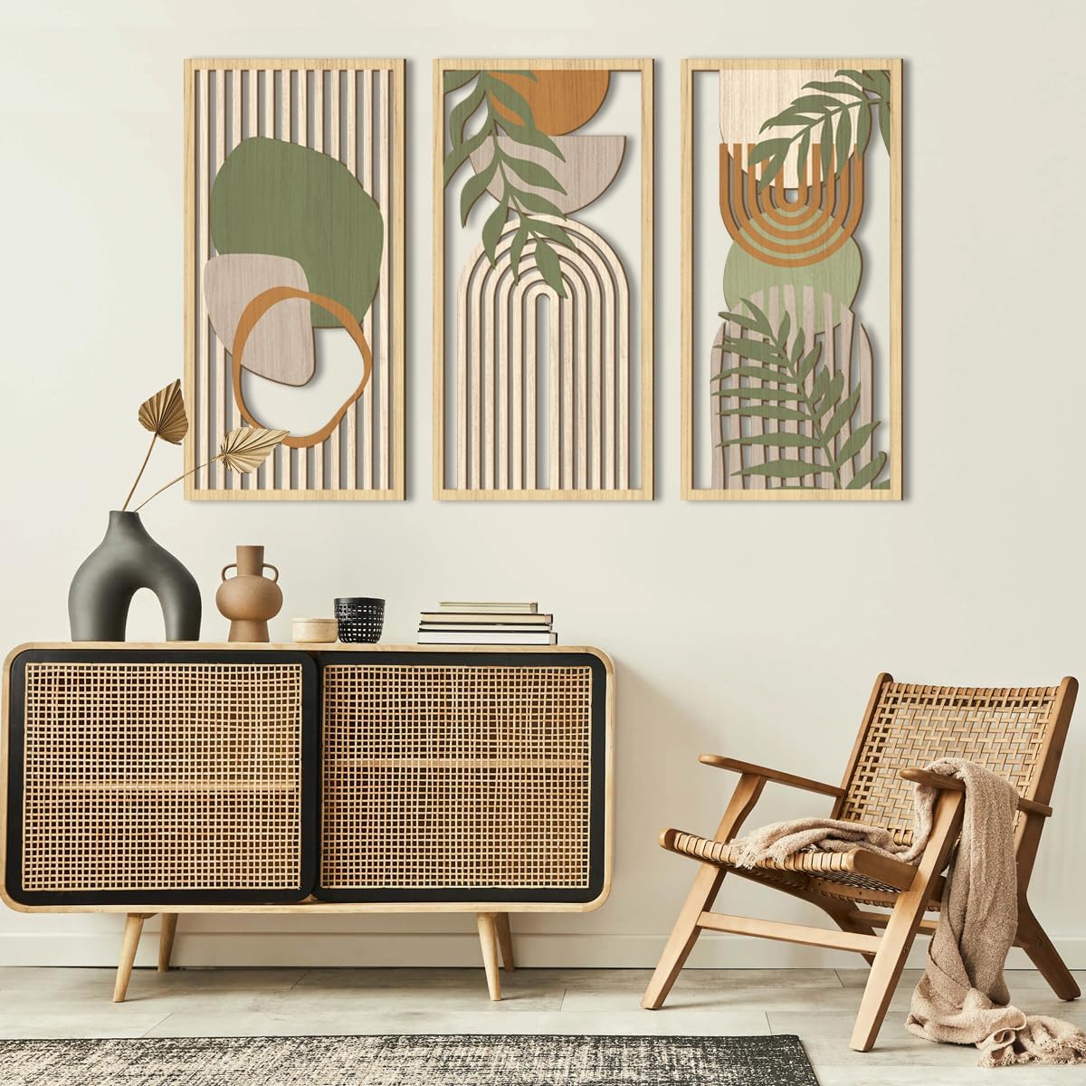 IARTTOP Boho Mid-century Modern Wood Wall Art 16x32 Inch Large Green Abstract Wood Wall Decor Mid Century Bohemian Artwork for Bedroom Living Room Office Kitchen Set of 3