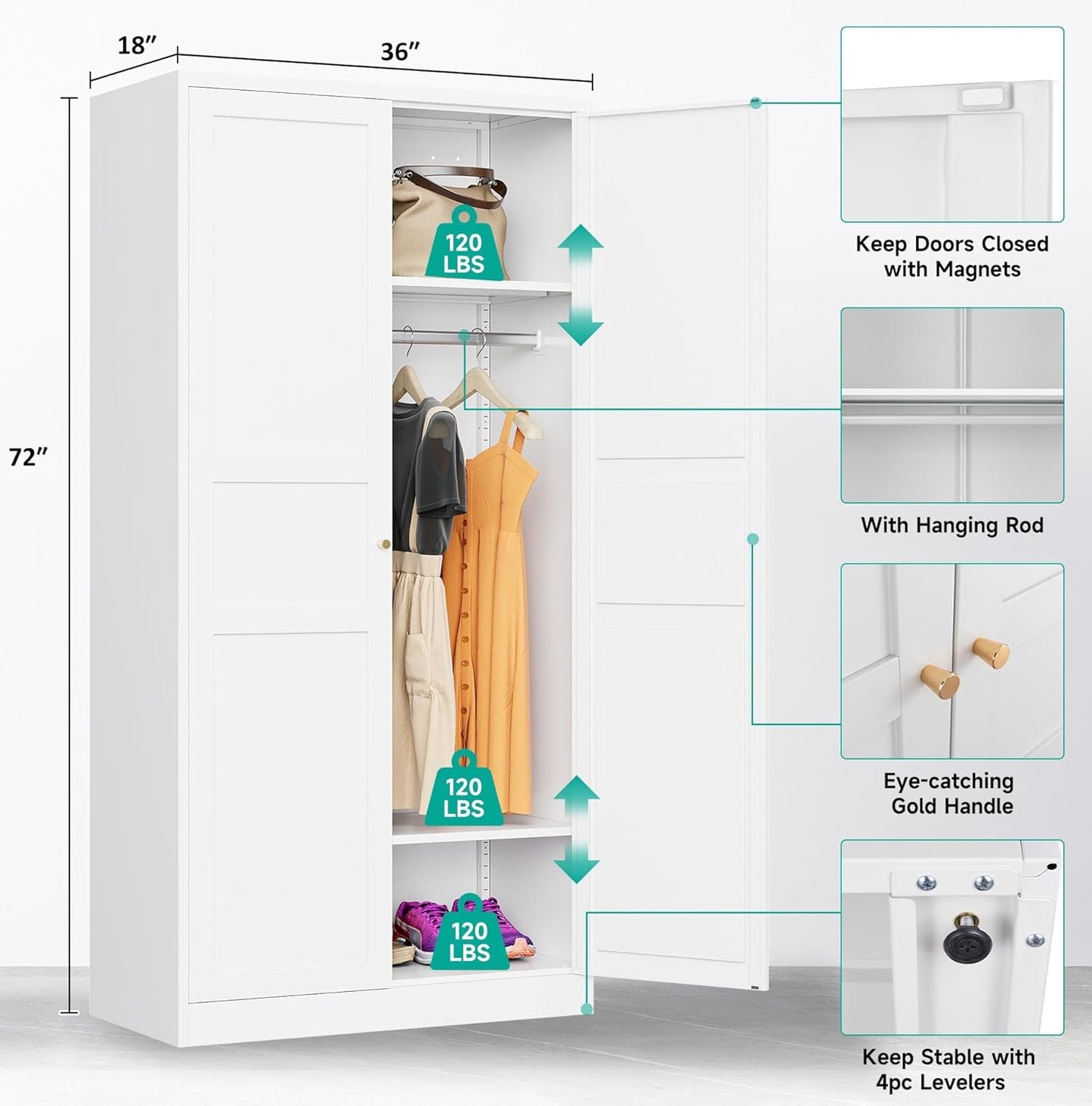 Metal Wardrobe Cabinet with Hanging Rod,White Armoire Wardrobe Closet,Metal Clothing Storage Cabinet with Adjustable Shelves and Doors,72" Wardrobes Storage Cabinet for Home,Living/Laundry Room
