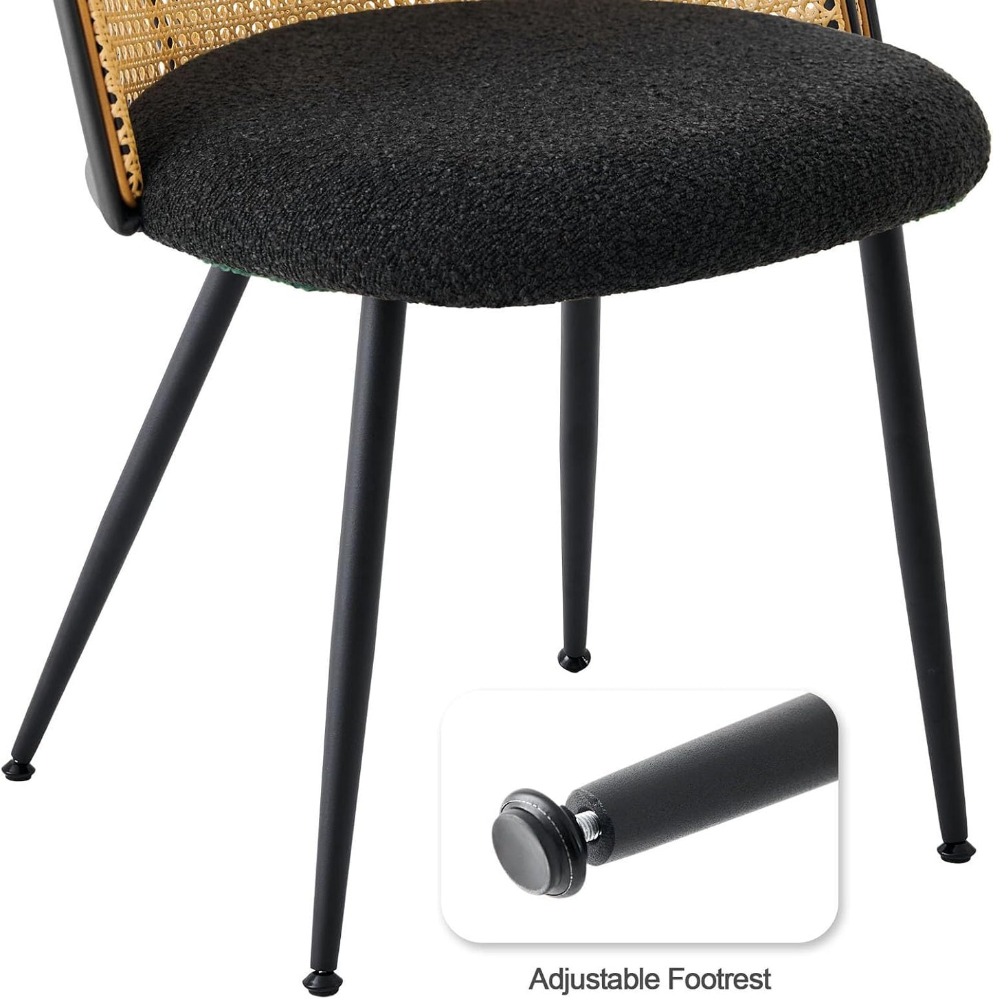 Rattan Dining Chairs Set of 6, Mid-Century Modern Kitchen Dining Room Chairs with Full Cane Backrest Armless Upholstered Farmhouse Boucle Dining Chairs with Metal Leqs for Dining Room, Black