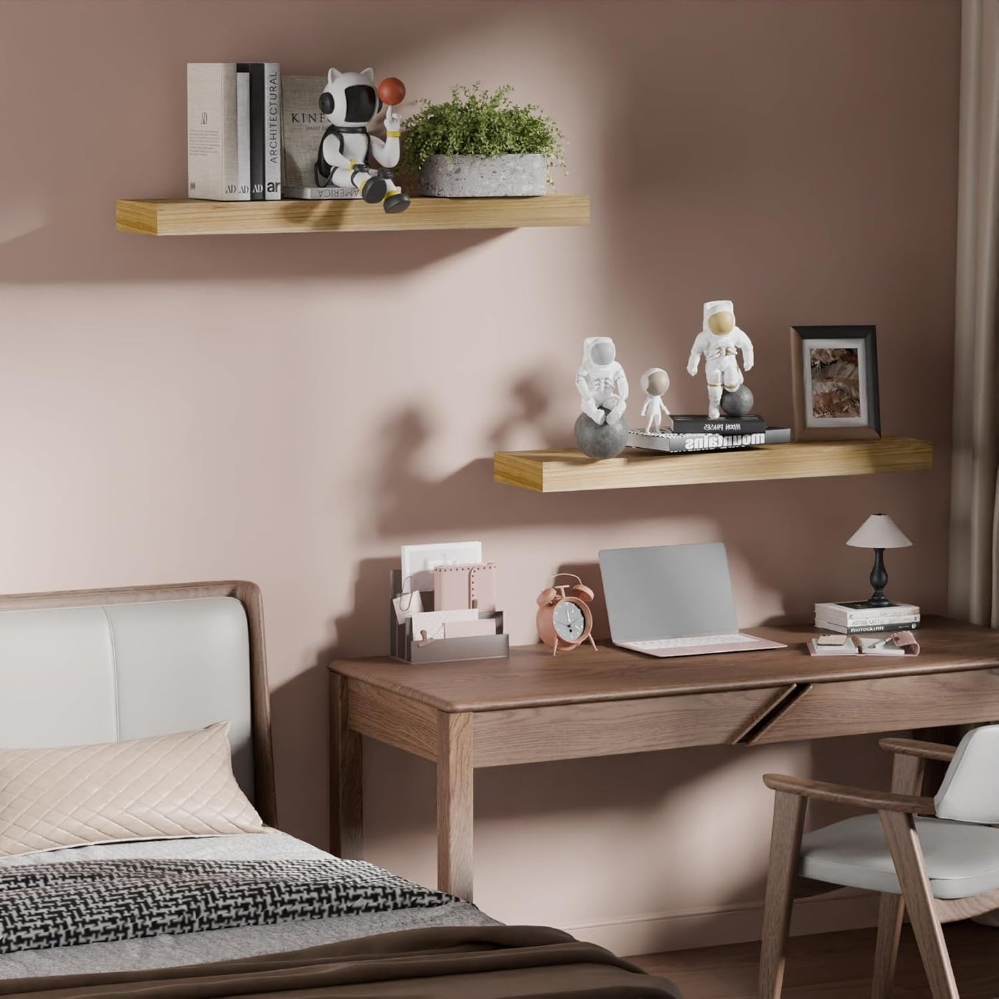 IAE Floating Wall Shelves 24 inch,Bathroom Shelves Wall Mounted,Invisible Shelves Floating Kitchen Shelves,Wooden Wall Shelves with Brackets for Living Room Wall Mounted,Easy Install,Set of 2,Natural