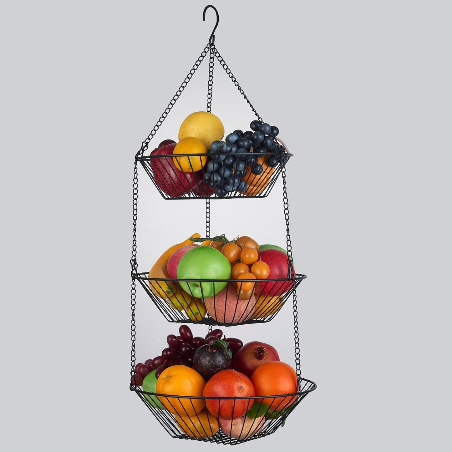 3-Tier Wire Fruit Hanging Basket 2 Packs,non-Punching Wall Hanging Storage,Kitchen Bathroom Organization Basket,Suitable for Bathroom,Kitchen,Closet,Garden,Black