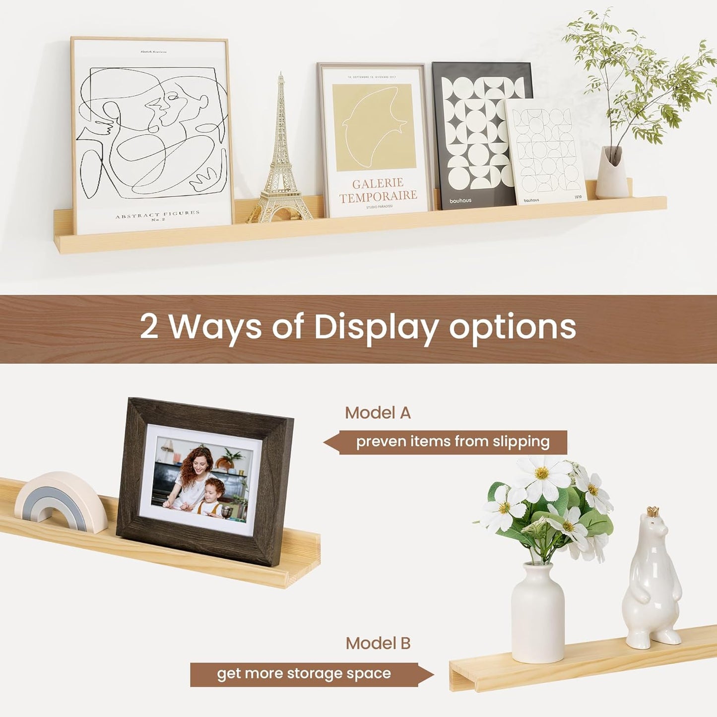 Picture Ledge Shelf, Solid Pine Wood Floating Shelves Set of 2, 32 Inches Nursery Book Shelves for Toys Storage, Kids Bookshelf Wall Mounted for Living Room Decor Photo Frames, Unfinished Natural