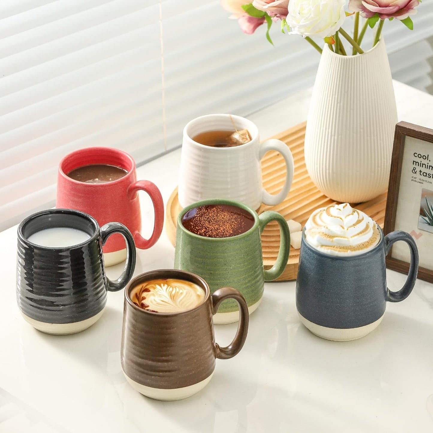 Hasense Porcelain Coffee Mugs Set of 6, 15 Ounce Large Ceramic Coffee Cups Set with Handle for Latte, Tea, Cocoa and Hot Chocolate, Colorful Coffee Mugs for Men and Women, Microwave Safe