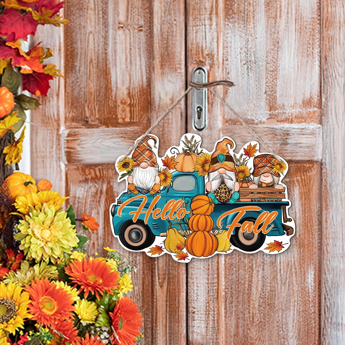 Hello Fall, Wood Hanging Gnome Decoration, Hello Fall Wood Hanging Decors, Rustic Thanksgiving Decors for Porch, Indoor Outdoor Autumn Door Decor(Truck), Housewarming Gift, Home Indoor Outdoor Decor