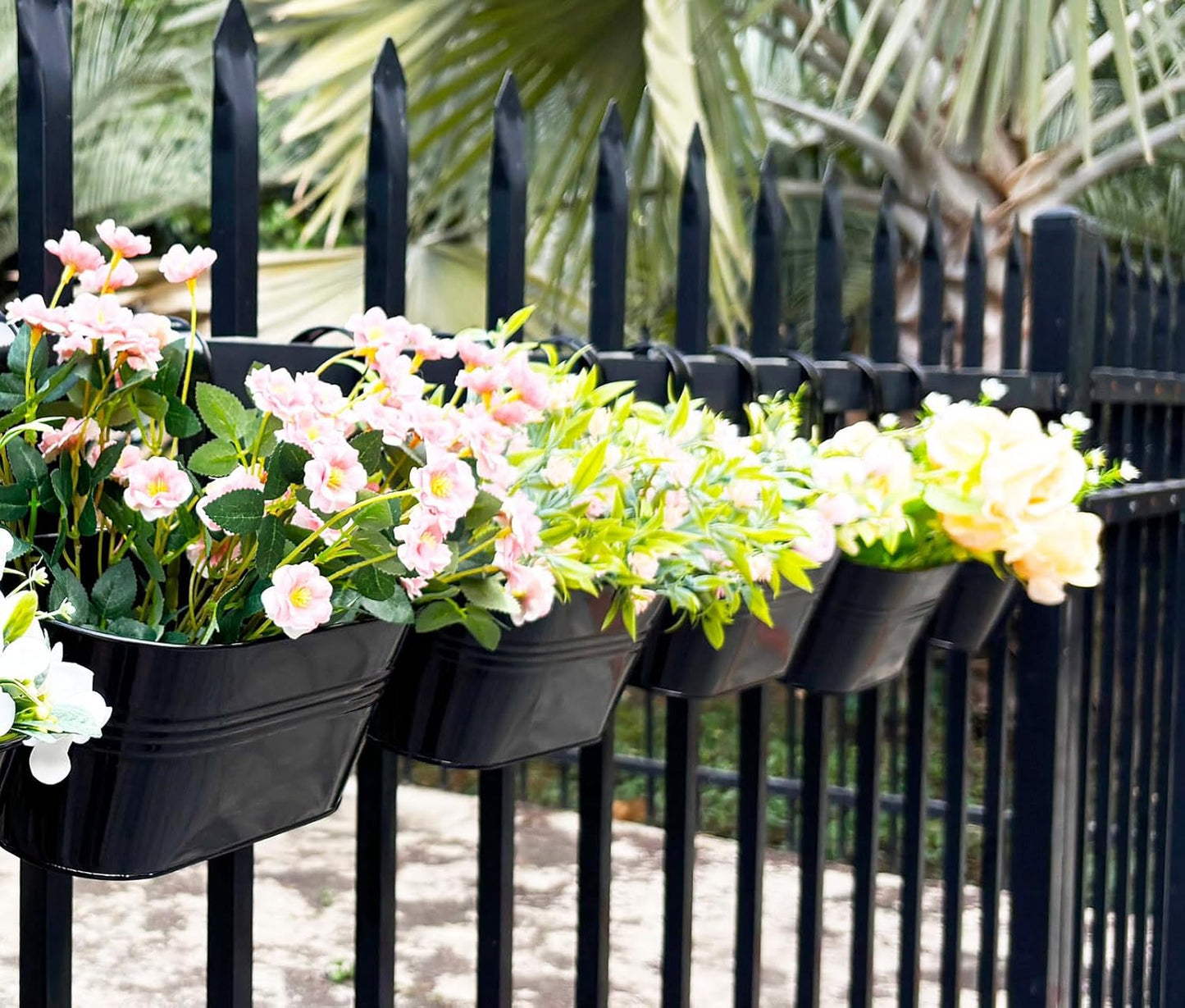 6 Pack Metal Hanging Planter for Outdoor Plants, 10 Inch Black Fence Planters Railing Pots for Garden Patio Balcony Decor, Flower Bucket with Detachable Hooks (Black, 6Pcs)