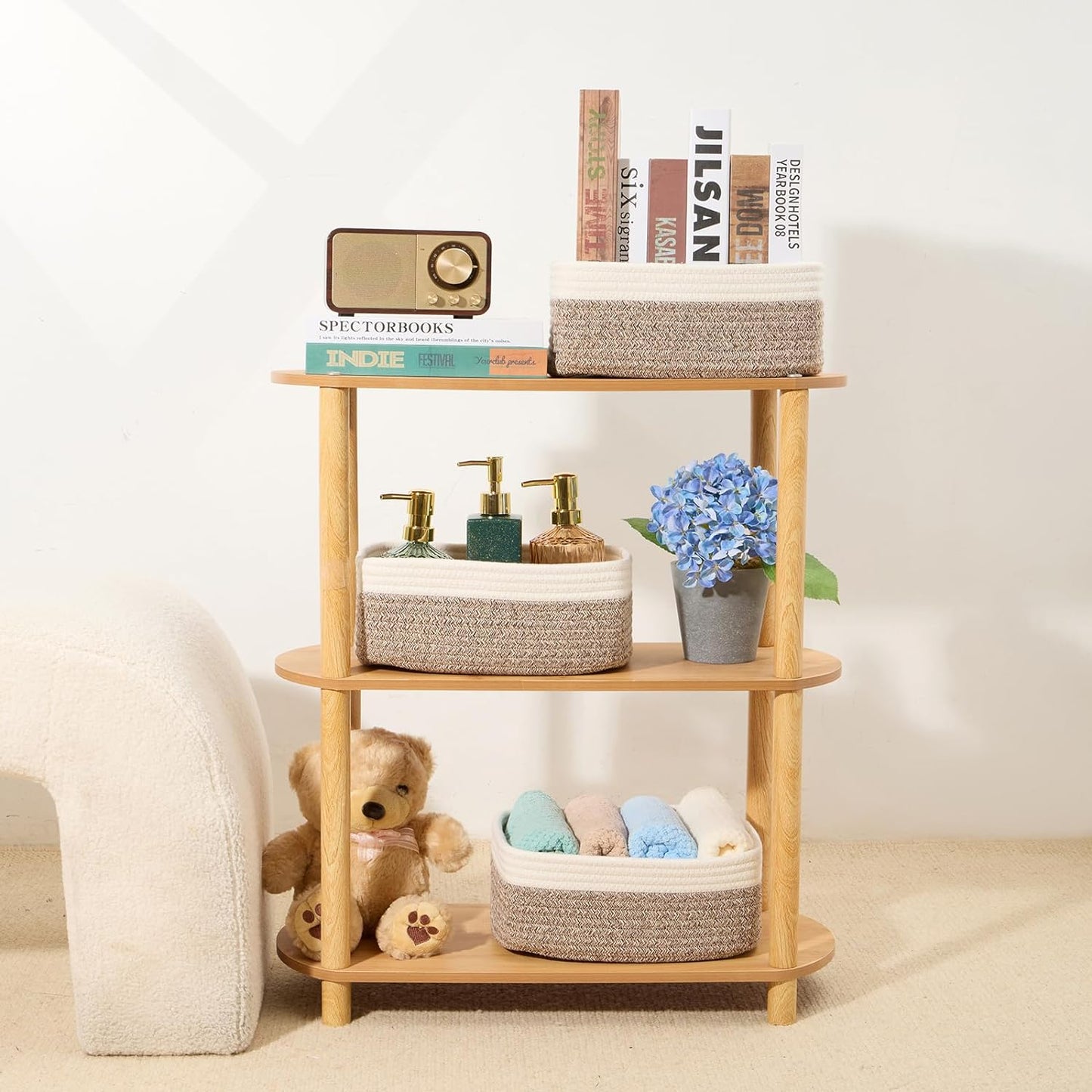 Small Storage Baskets for Organizing | Closet Organizer Bins | Shelf Toy Basket | Woven Rope Baskets | Cube Decorative Box | Shallow Basket | 11.5x7.5x4.7” | 3 Packs White Brown
