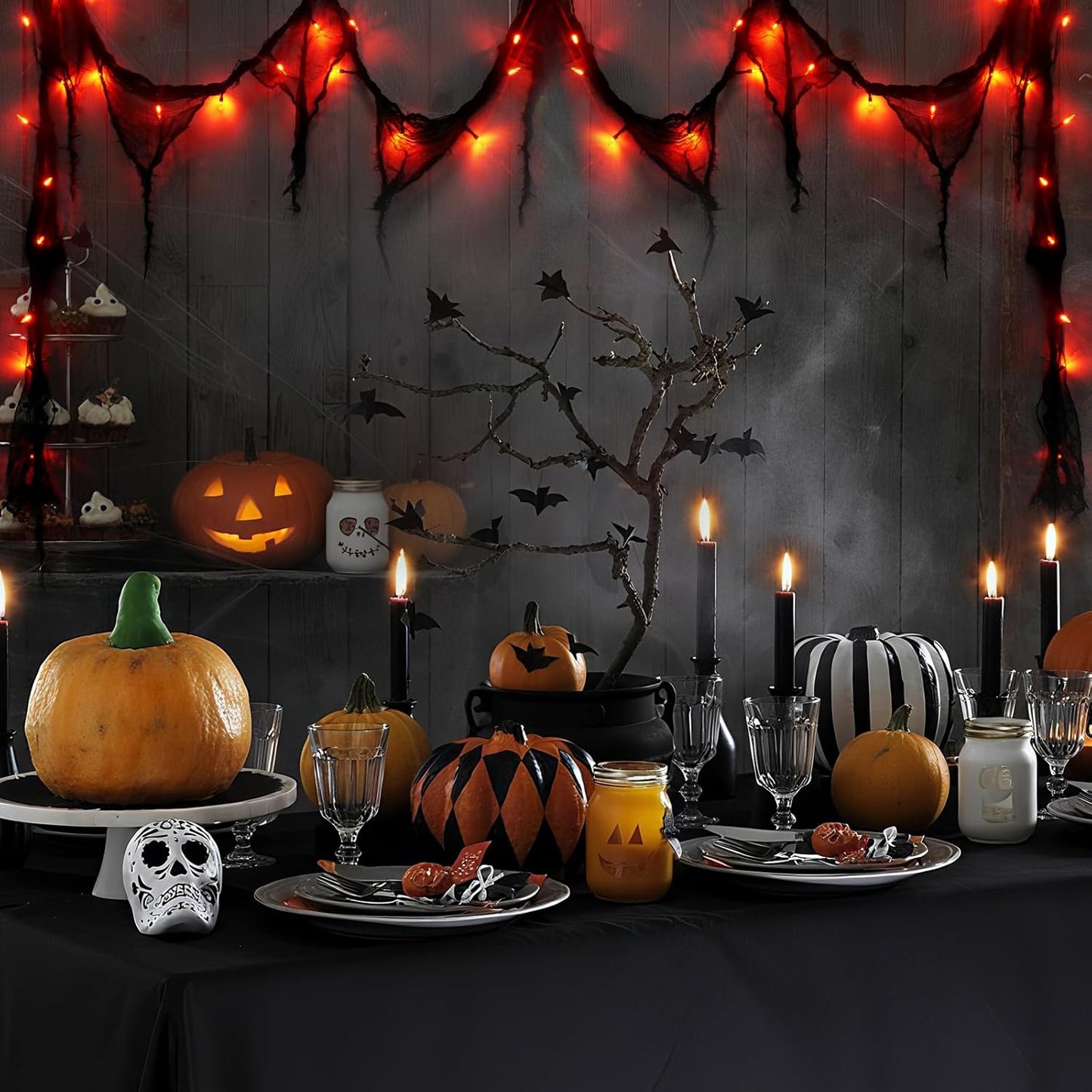 Halloween Horror Atmosphere Lights, Orange&Purple LED String Lights with 9.9FT Creepy Black Gauze, Battery Powered with Timer & 8 Flashing Modes (Red)