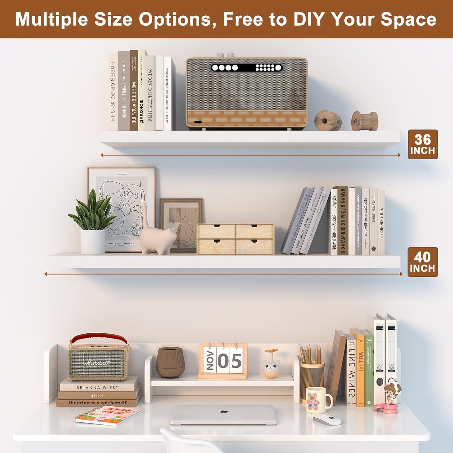 12 Inch Deep Floating Shelves for Wall 3 Pack White Floating Shelves Large Storage Space Wall Mount Shelf for Living Room Kitchen Bathroom 24" W x 12" D x 1.2" H White