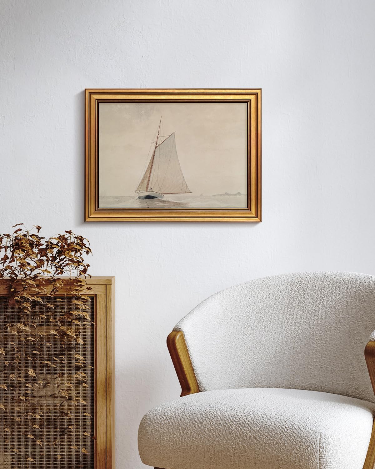 HUARCEY Gold Framed Vintage Wall Art for Living Room, Seaview Painting Prints Shelf Decor for Kitchen, Aesthetic Bedroom Wall Art, Christmas Gifts for Friends or Family (White Sailboat - 12"x16")