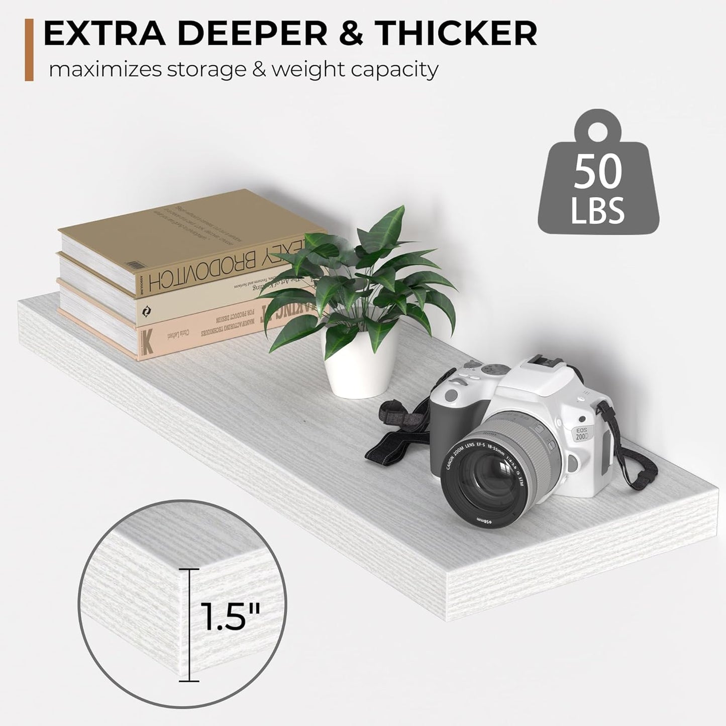 Floating Shelves - 24 Inch Rustic Wooden Wall Shelves - Extra Deeper & Thicker Wall Mounted Storage Shelf for Living Room, Kitchen, Farmhouse - 24" W x 9" D x 1.6" H - Rustic White, 2 Pack