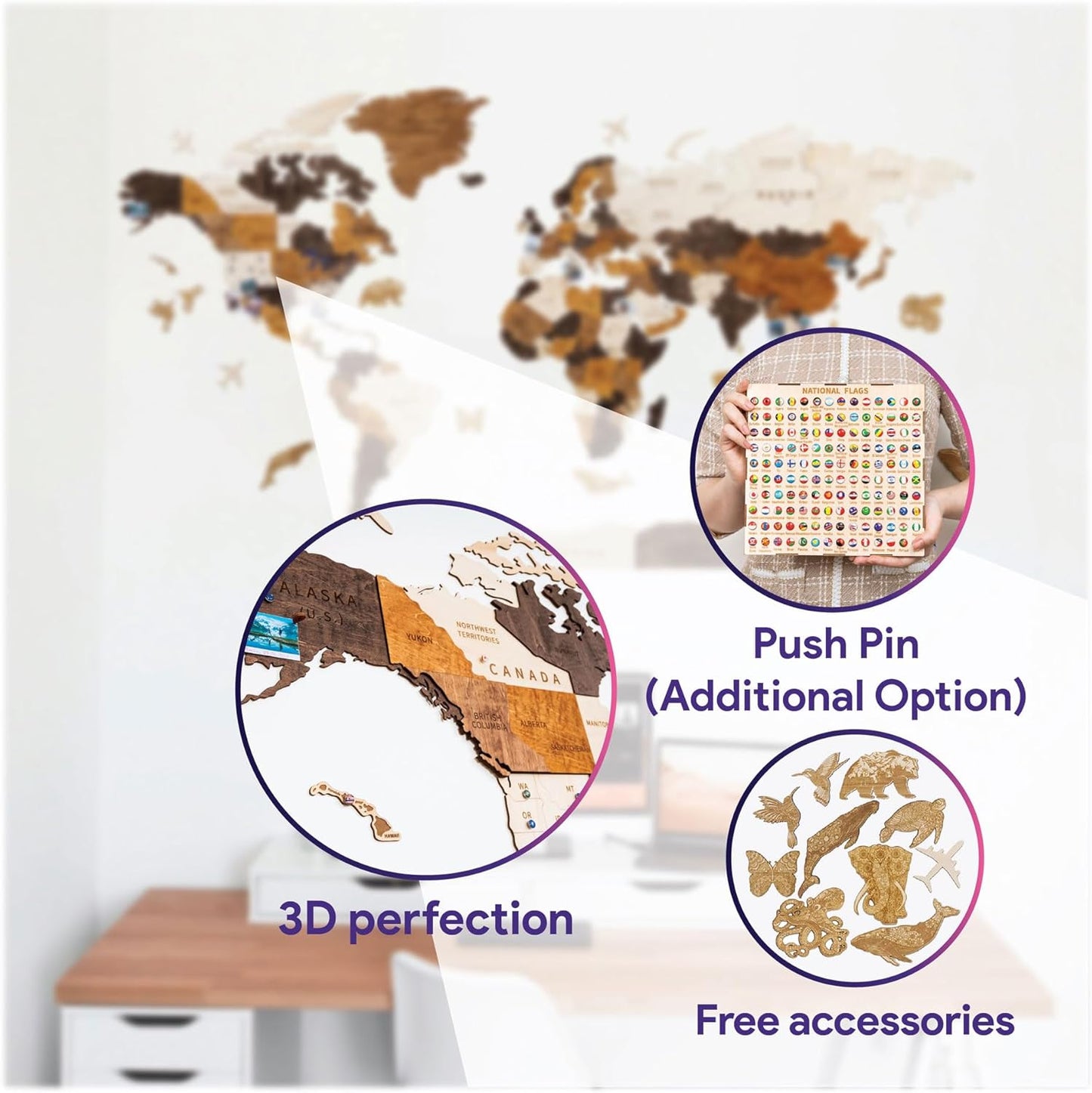 HYPERI Multilayered 3D Wooden World Map Wall Decor, Wood Art Wall Decor, Mapa Mundi Para Pared, World Maps and Push Pins, Valentine's Day Gifts For Dad, Mom, Boss, Husband, Wife (Large)