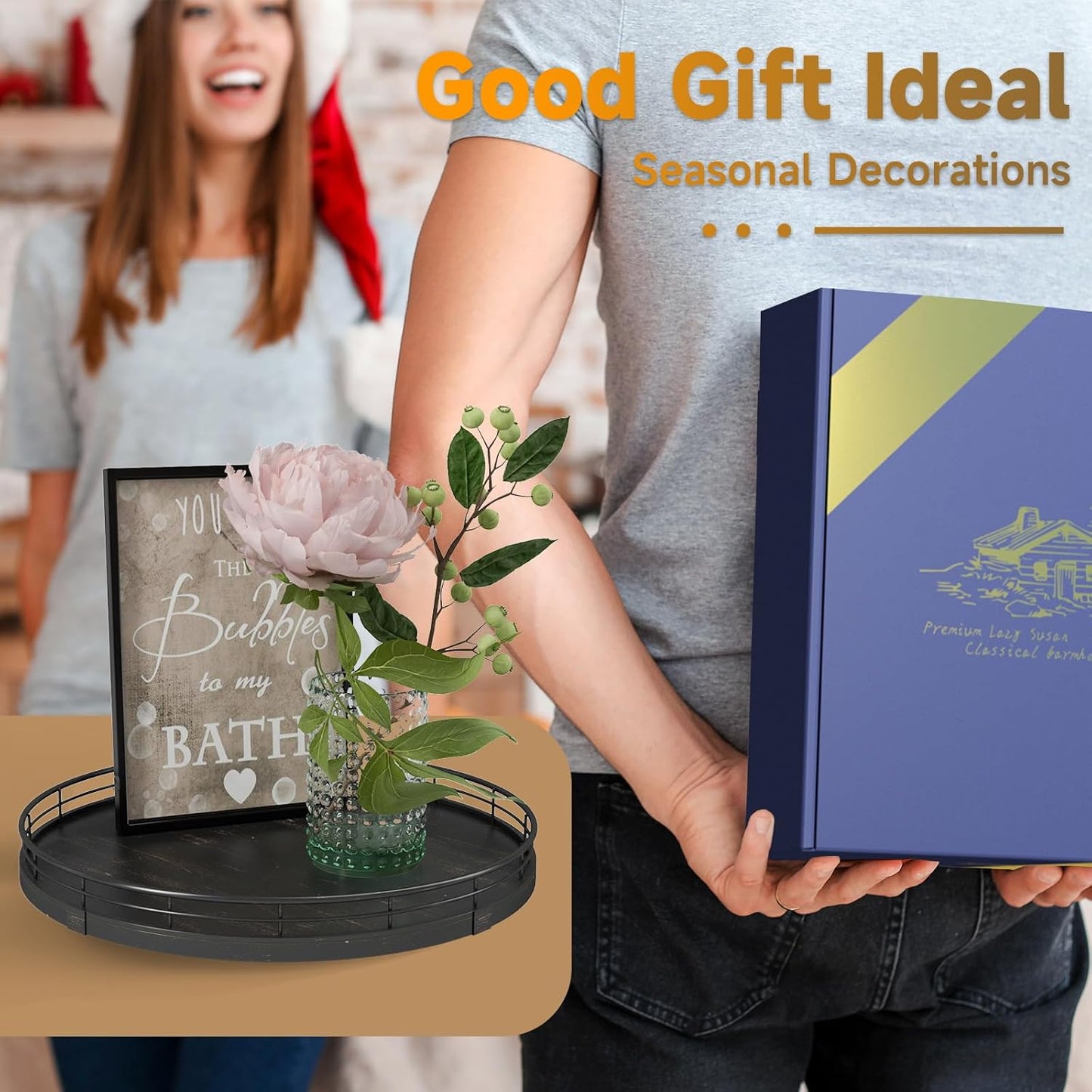 12" Oak Bathroom Vanity Tray Turntable for Perfume Candle, Round Wooden Decorative Tray for Kitchen Sink Countertop Organizer, Bathroom Counter Organizer for Skincare Makeup, Farmhouse Black Gold